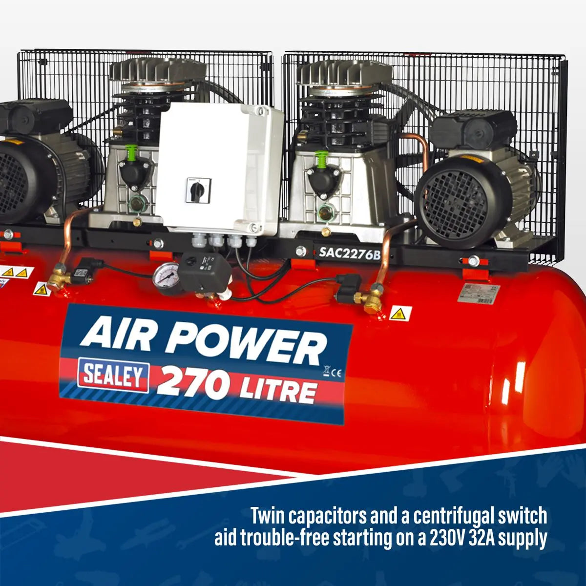 Sealey 270L Belt Drive Air Compressor with Cast Cylinders 2 x 3hp 