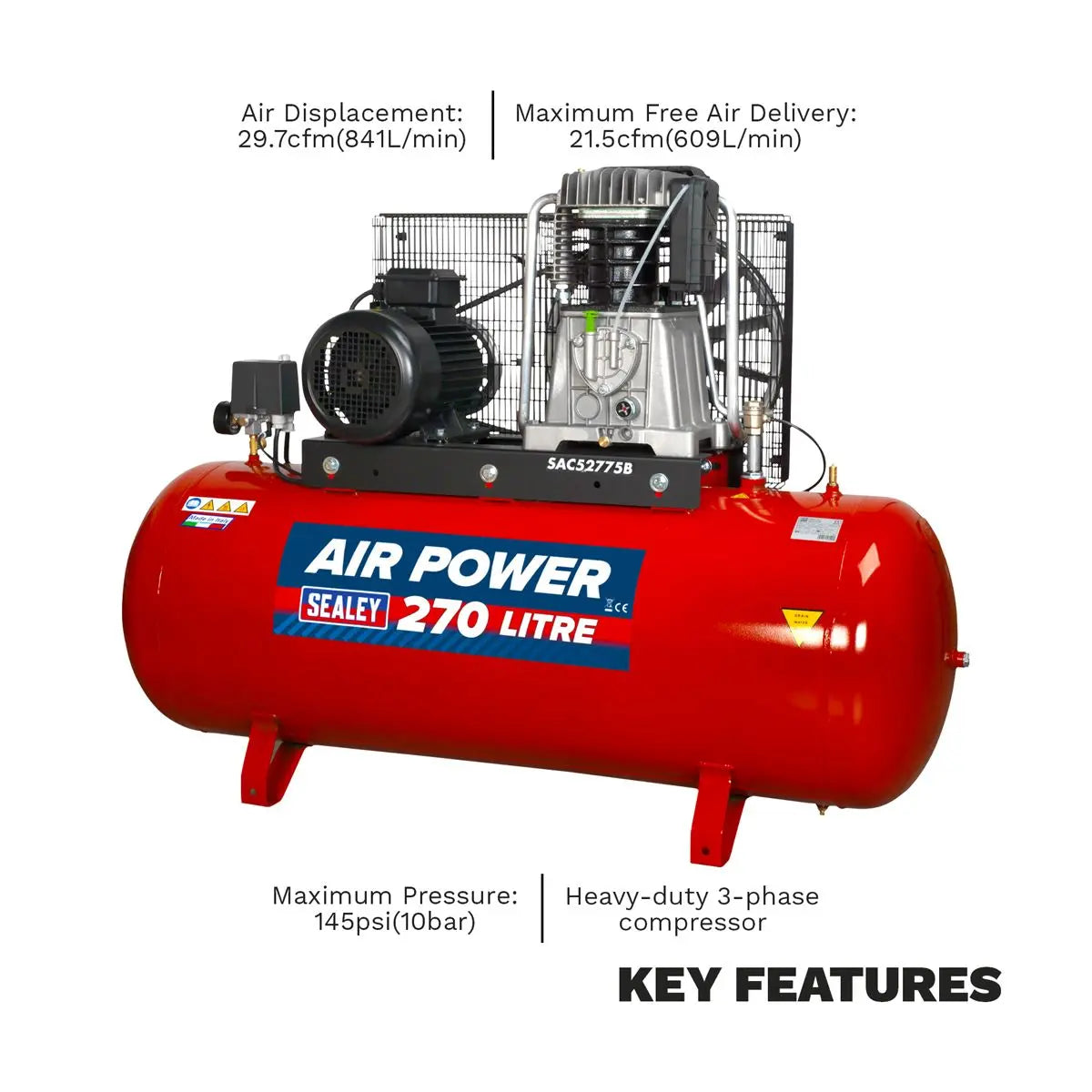 Sealey 270L Belt Drive Air Compressor with Cast Cylinders 7.5hp 3ph 2-Stage 