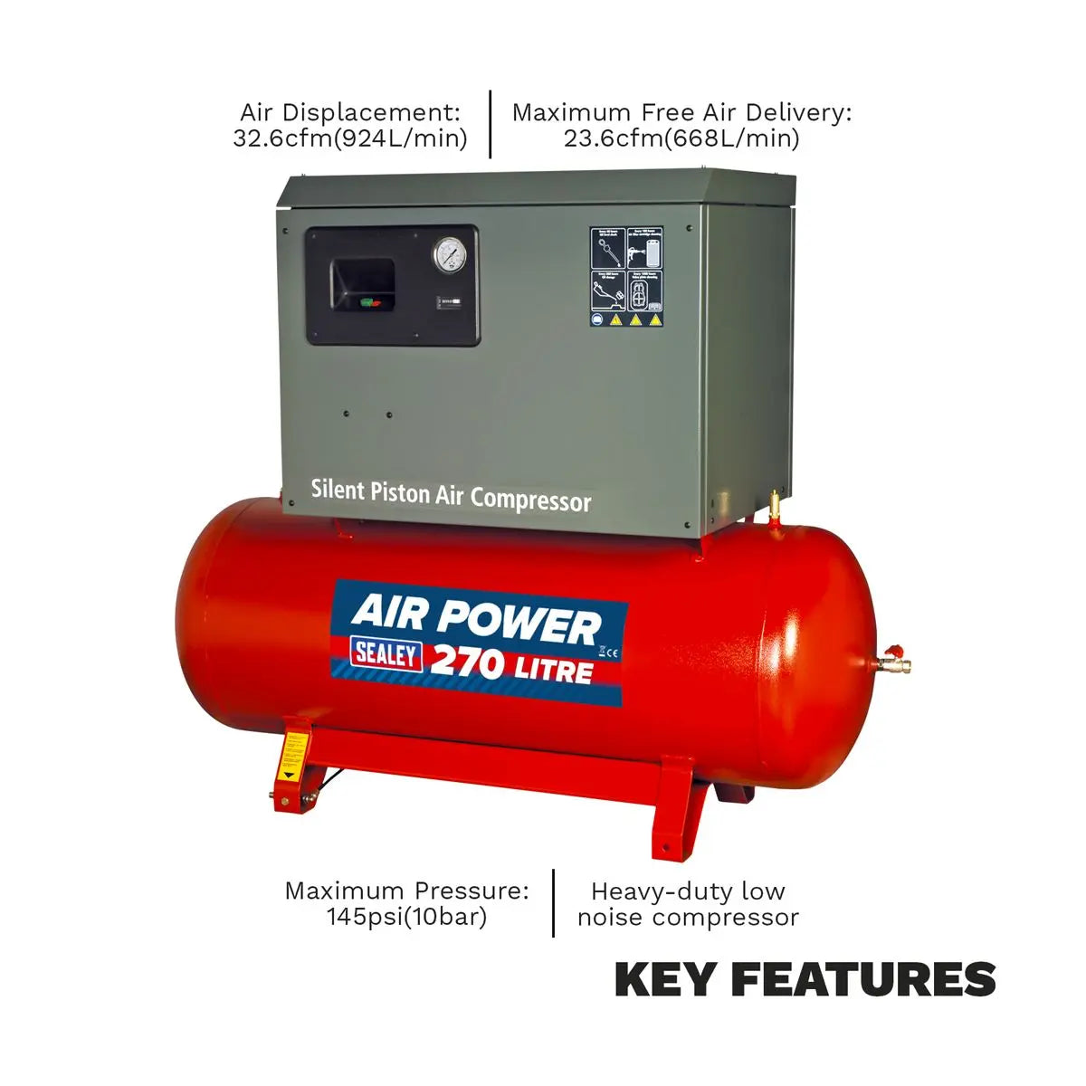 Sealey 270L Low Noise Belt Drive Air Compressor with Cast Cylinders 7.5hp 3ph 2-Stage 
