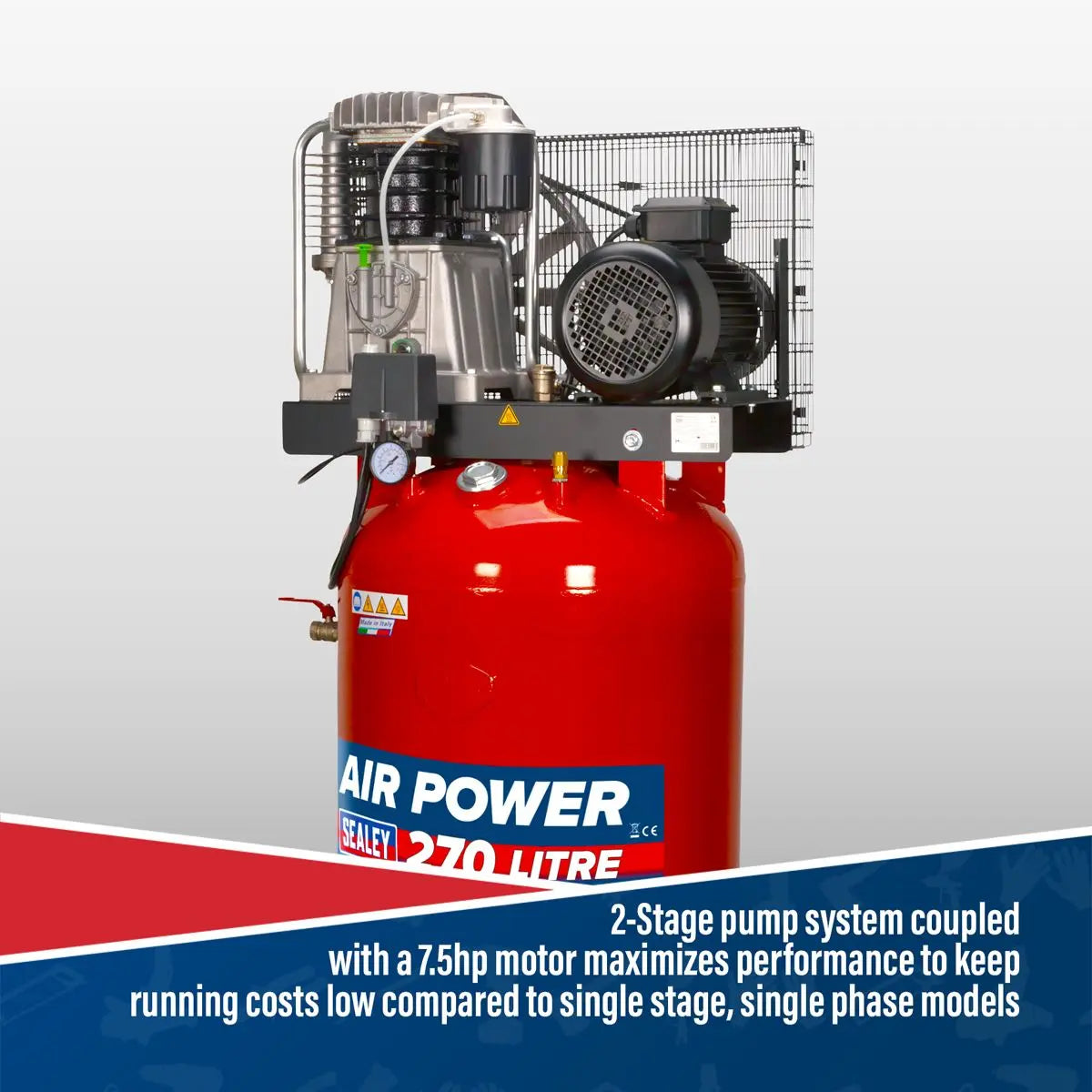 Sealey 270L Vertical Belt Drive Air Compressor with Cast Cylinders 7.5hp 3ph 2-Stage 