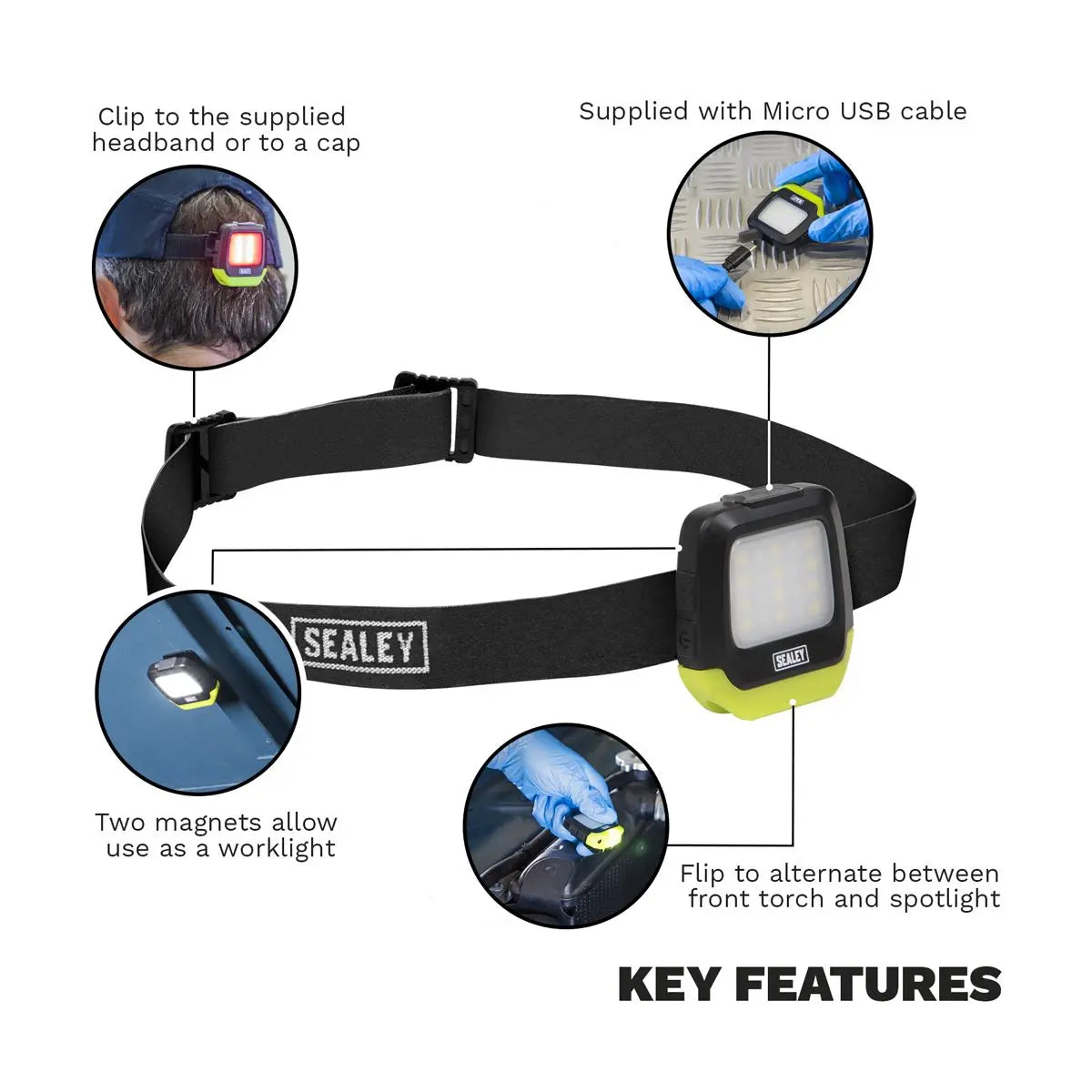 Sealey 2W & 1.5W SMD LED Rechargeable Clip Light with Auto-Sensor  White Rose Tools