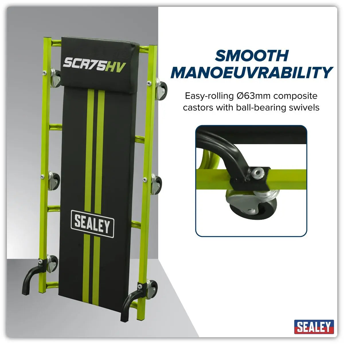 Sealey 36" Deluxe American-Style Creeper with Steel Frame & 6 Wheels - Green  White Rose Tools