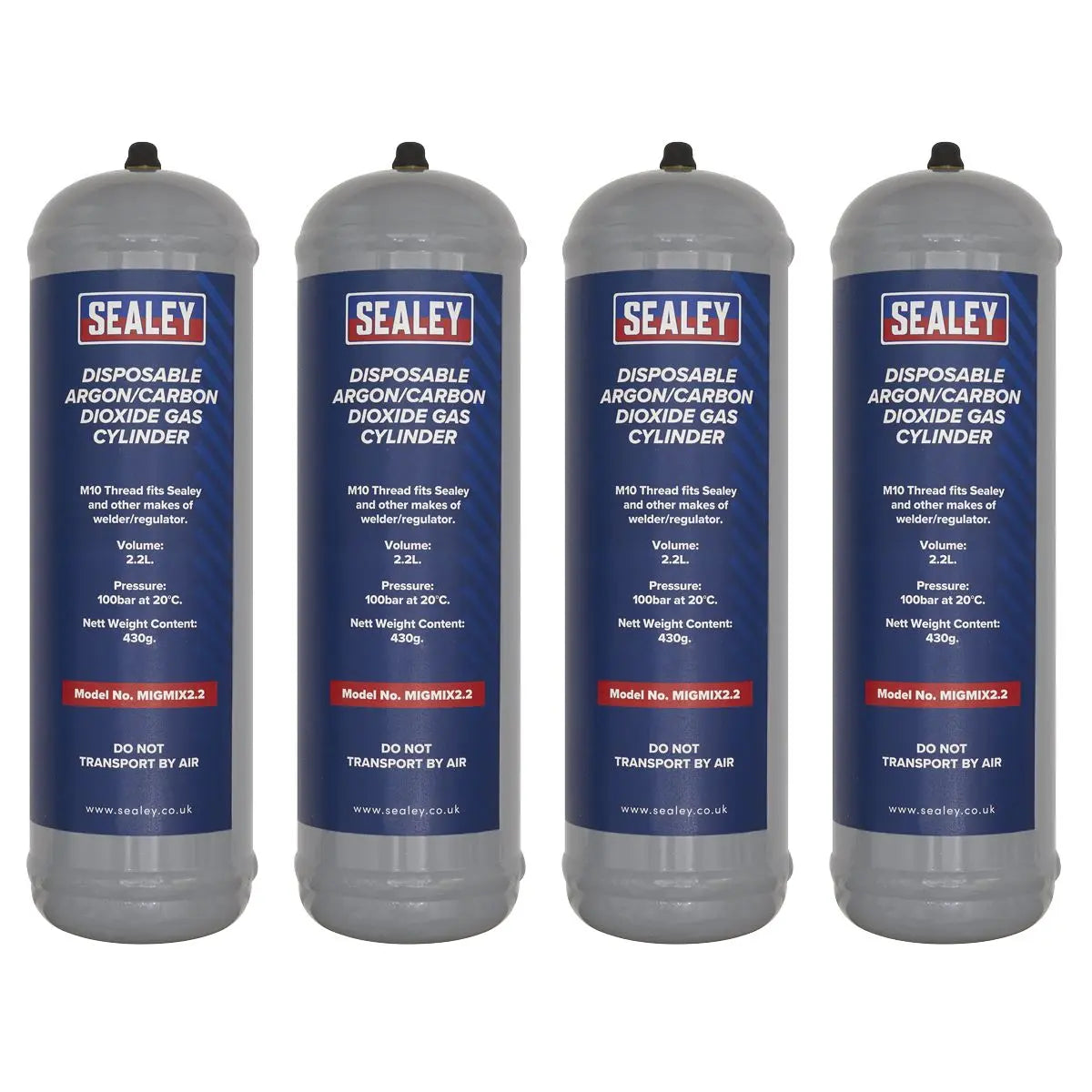 Sealey 430g 2.2L, Disposable Argon/Carbon Dioxide Gas Cylinder - Pack of 4  White Rose Tools