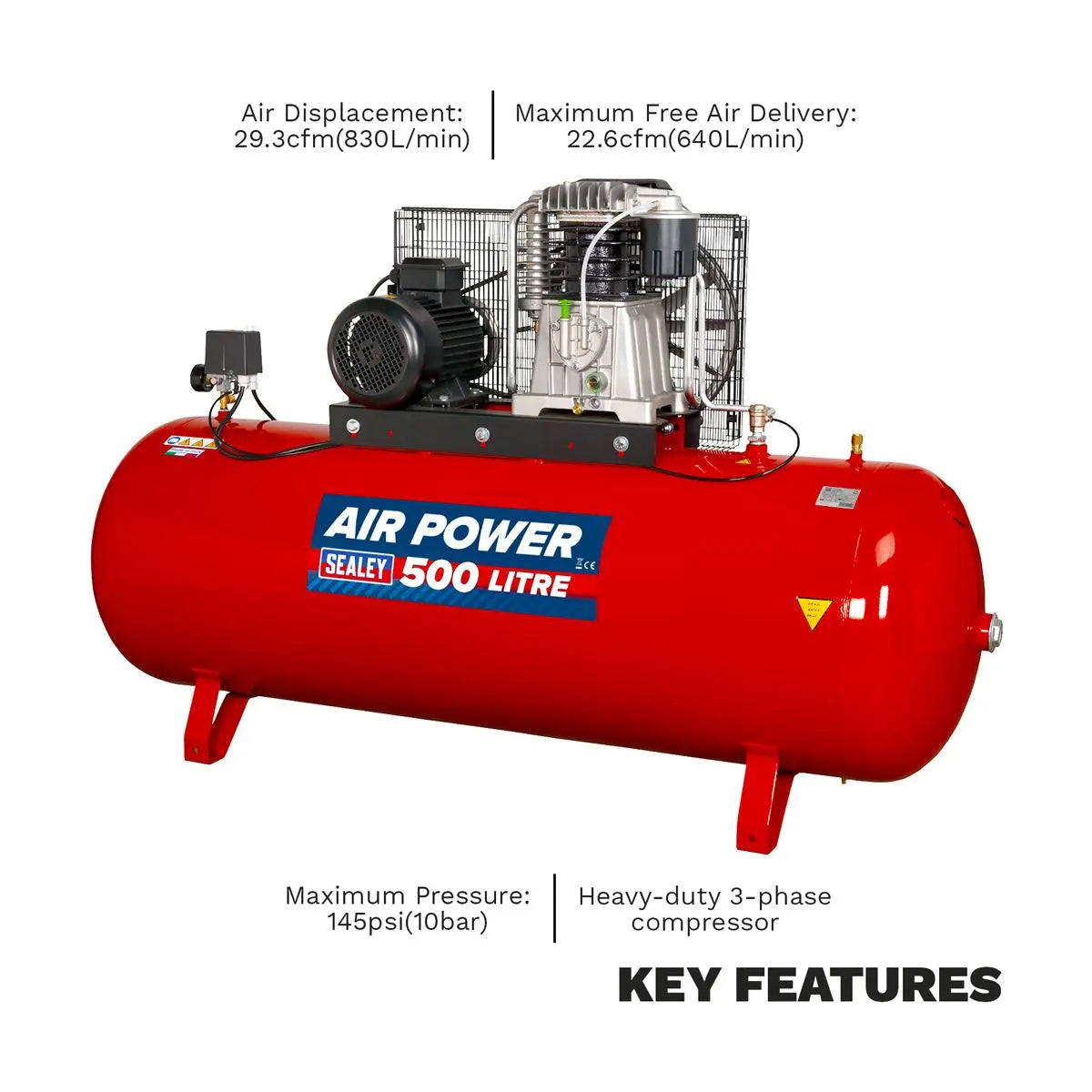 Sealey 500L Belt Drive Air Compressor with Cast Cylinders 7.5hp 3ph 2-Stage 