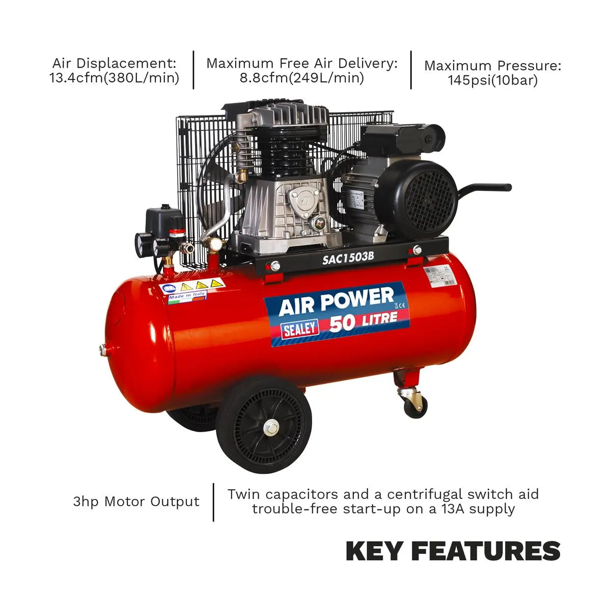 Sealey 50L Belt Drive Air Compressor with Cast Cylinders & Wheels 3hp 