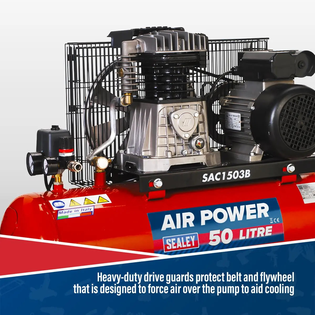 Sealey 50L Belt Drive Air Compressor with Cast Cylinders & Wheels 3hp 
