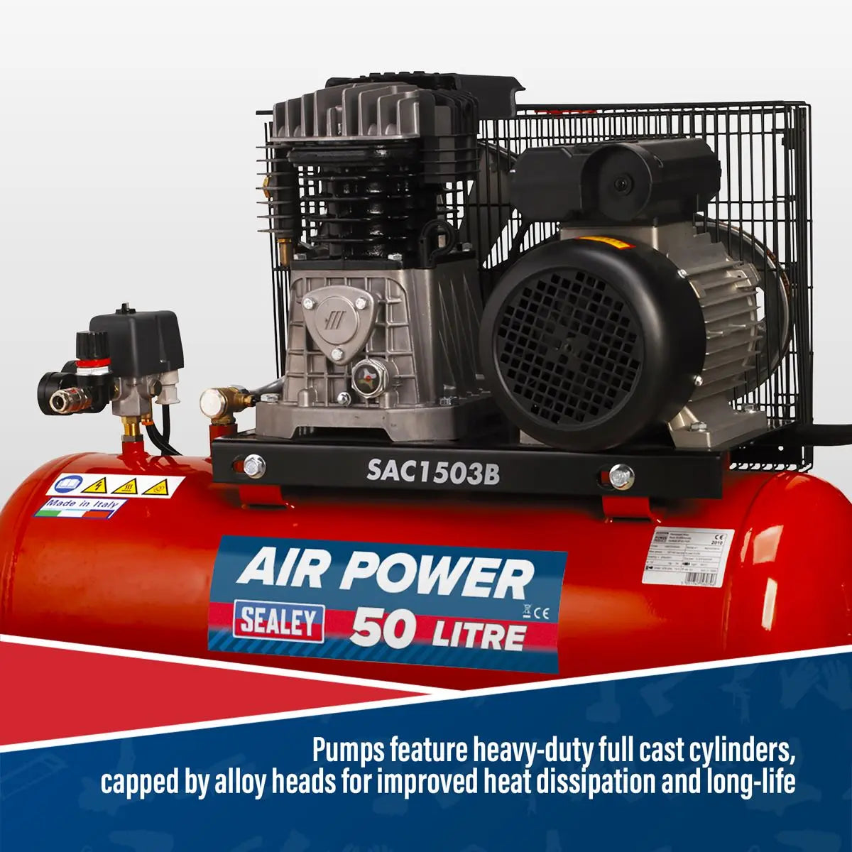 Sealey 50L Belt Drive Air Compressor with Cast Cylinders & Wheels 3hp 