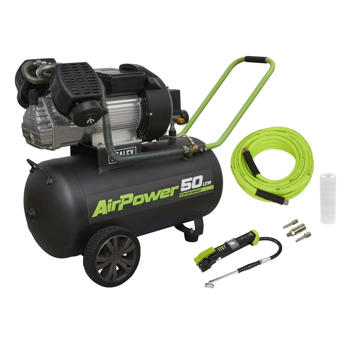 Sealey 50L V-Twin Direct Drive Air Compressor 3hp with Air Accessory Kit  White Rose Tools