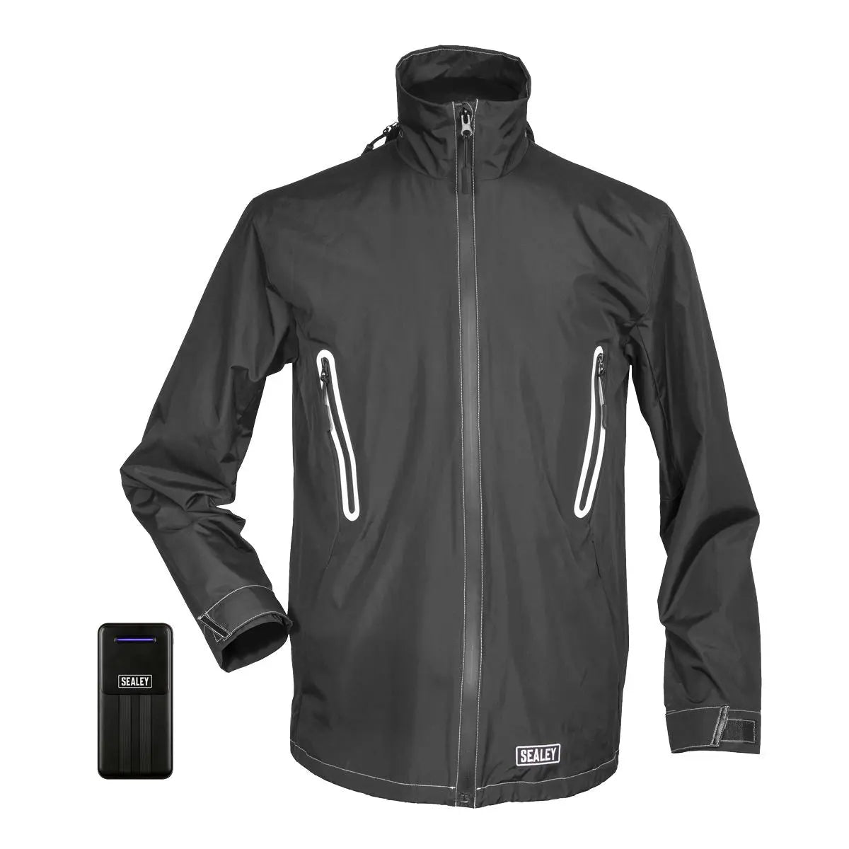 Sealey 5V Heated Rain Jacket with Power Bank 20Ah - Medium  White Rose Tools