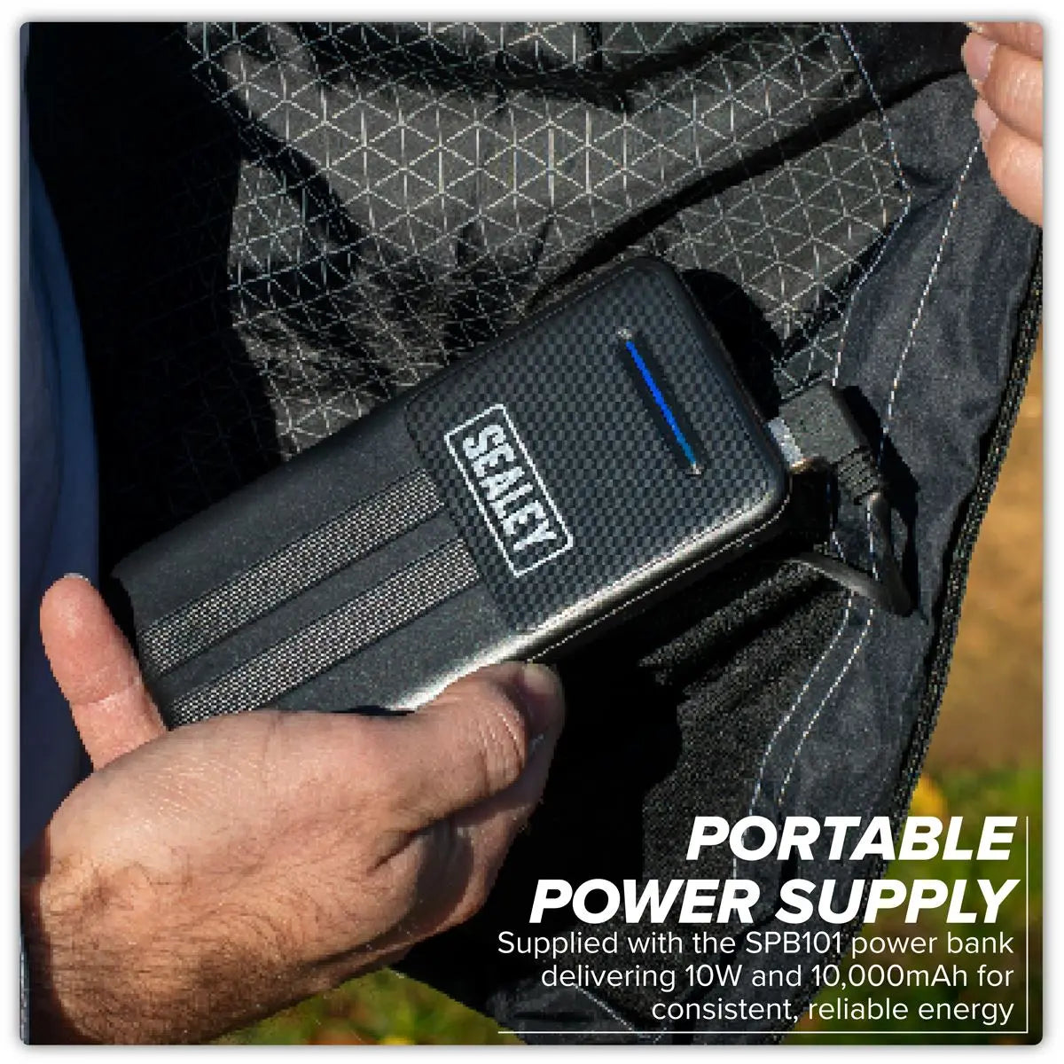 Sealey 5V Heated Rain Jacket with Power Bank 20Ah - Medium  White Rose Tools