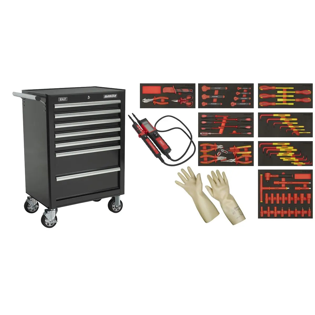 Sealey 63pc Insulated Tool Kit with 7 Drawer Rollcab  White Rose Tools