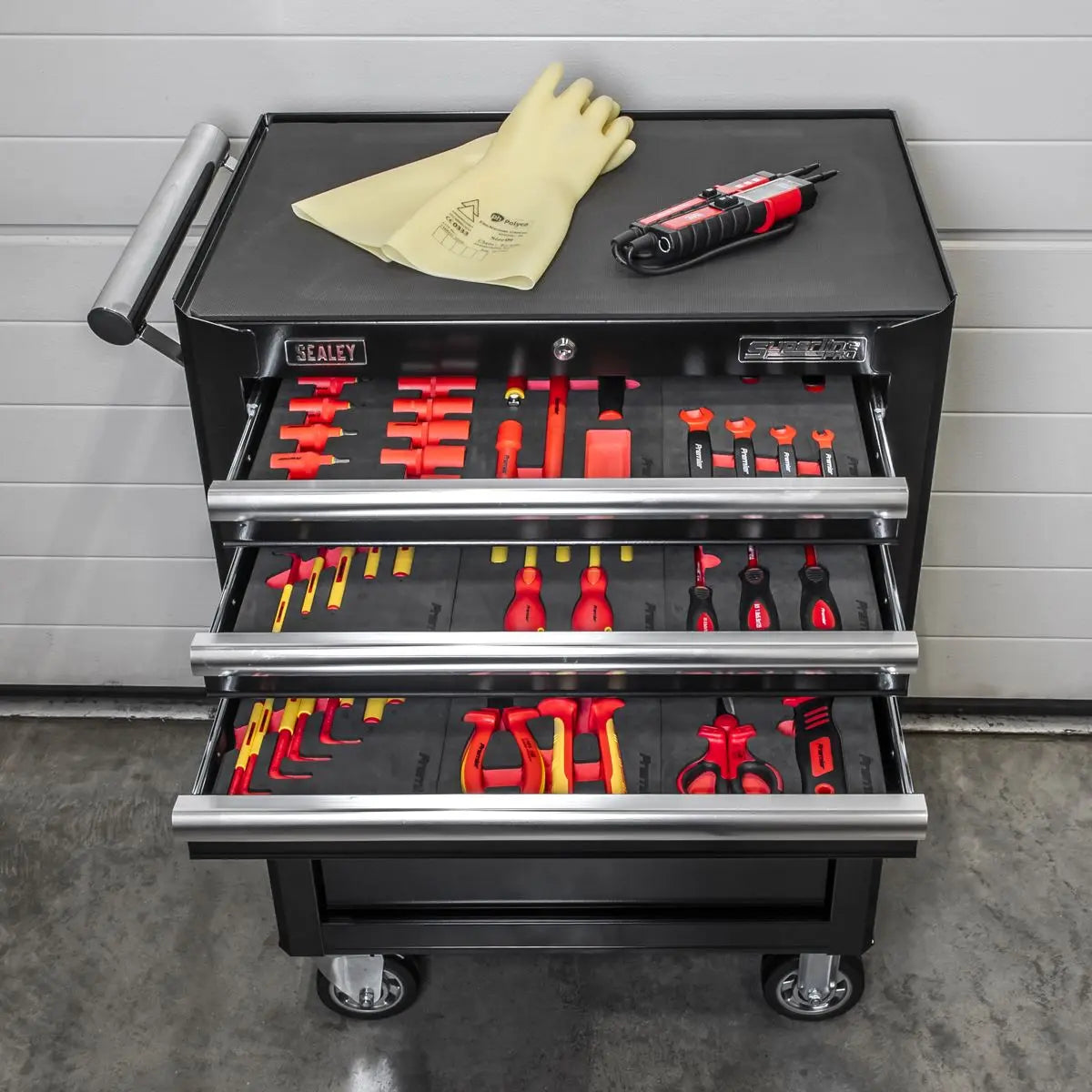 Sealey 63pc Insulated Tool Kit with 7 Drawer Rollcab  White Rose Tools