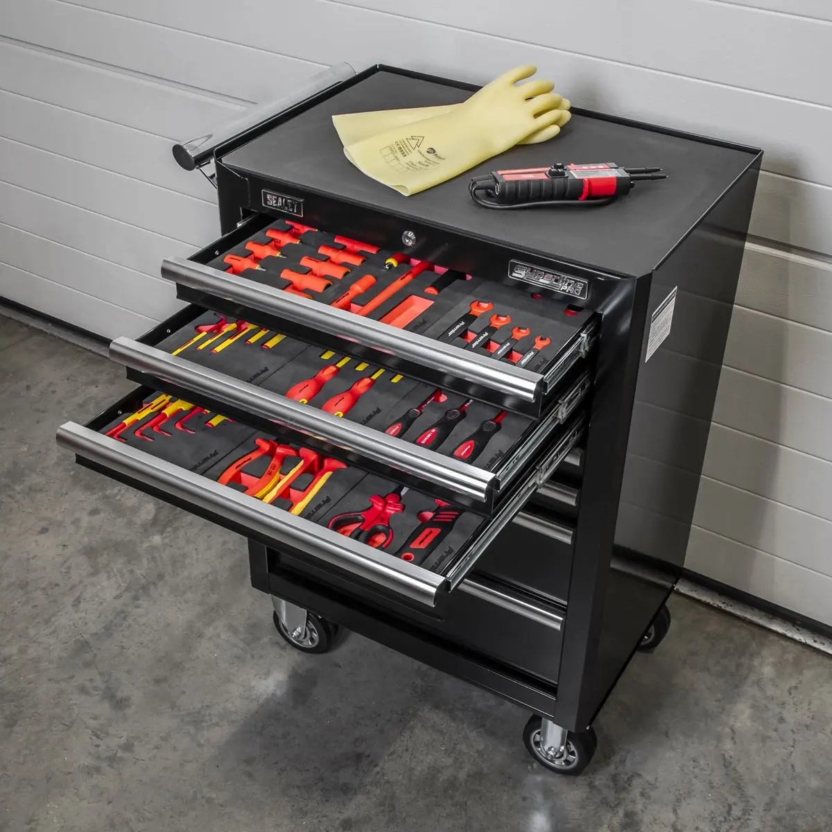 Sealey 63pc Insulated Tool Kit with 7 Drawer Rollcab  White Rose Tools