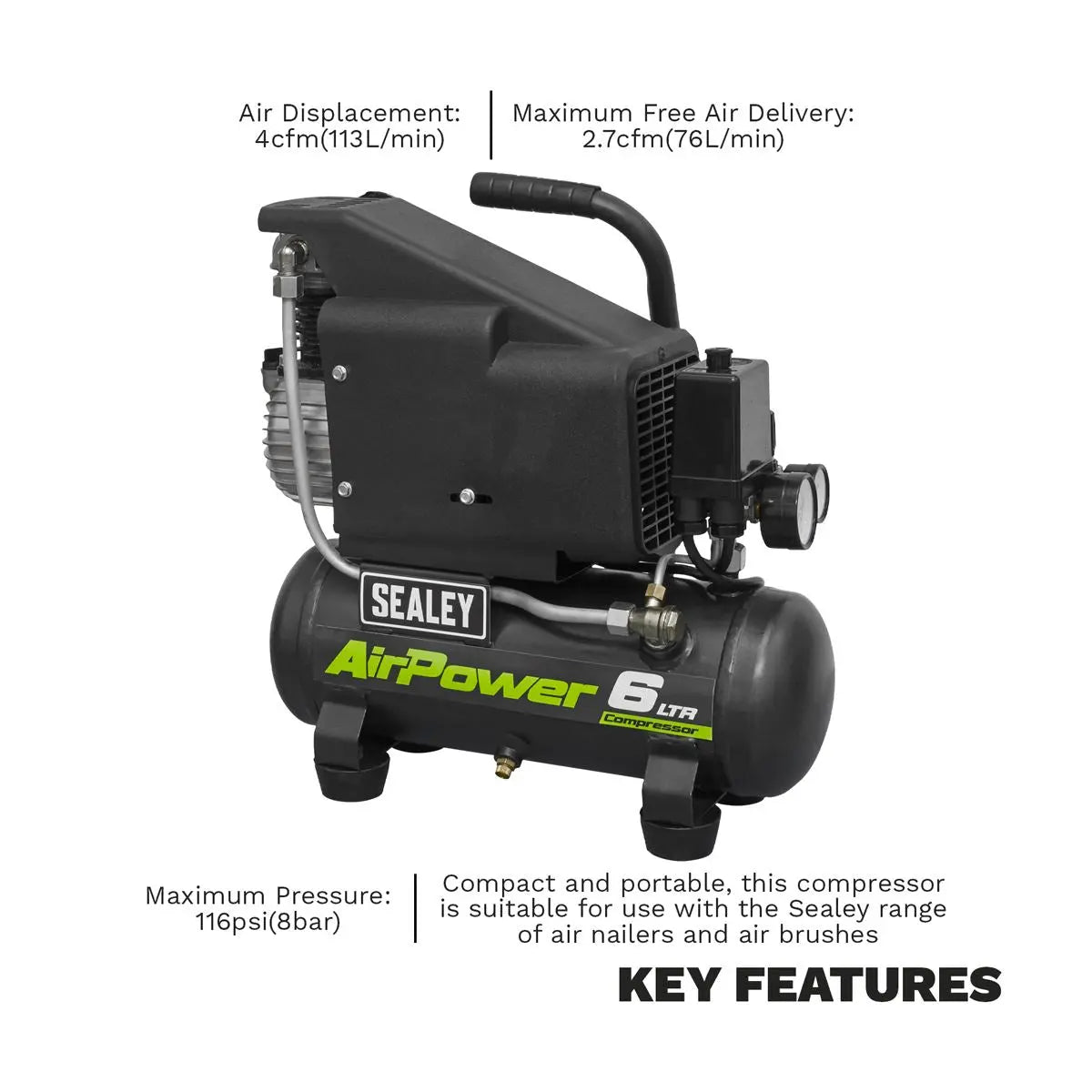 Sealey 6L Direct Drive Air Compressor 1hp 