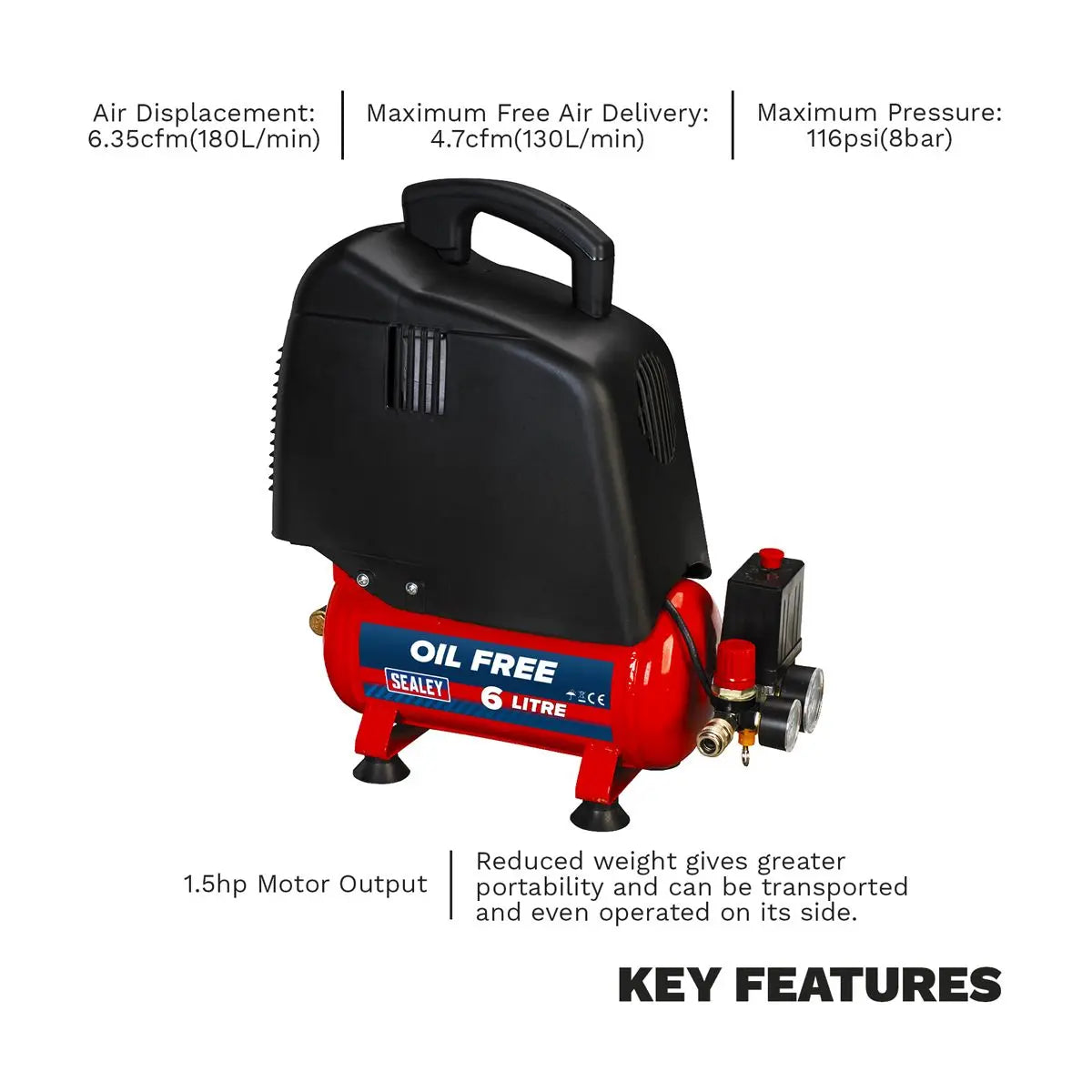 Sealey 6L Oil Free Belt Drive Air Compressor 1.5hp 