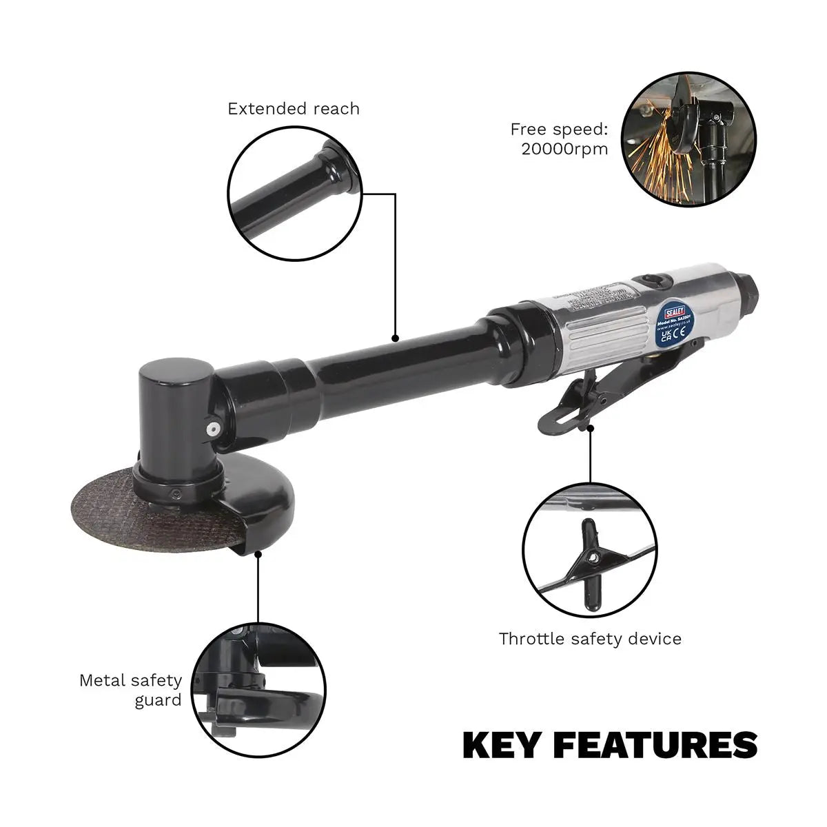 Sealey 75mm Long Reach Air Angle Cut Off Cutting Tool Air Grinder Saw 1/4" BSP 
