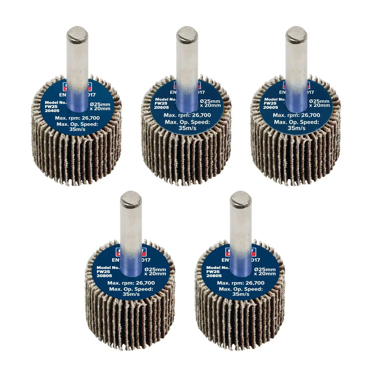Sealey Abrasive Flap Wheel Ø25 x 20mm Ø6mm Shaft Assorted Grit - Pack of 5  White Rose Tools