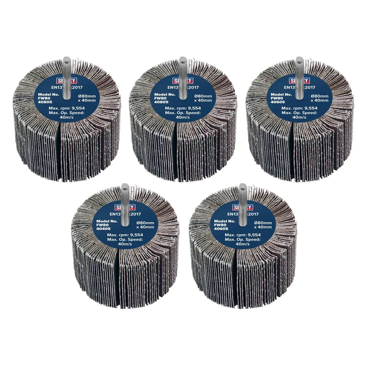 Sealey Abrasive Flap Wheel Ø80 x 40mm Ø6mm Shaft Assorted Grit - Pack of 5  White Rose Tools