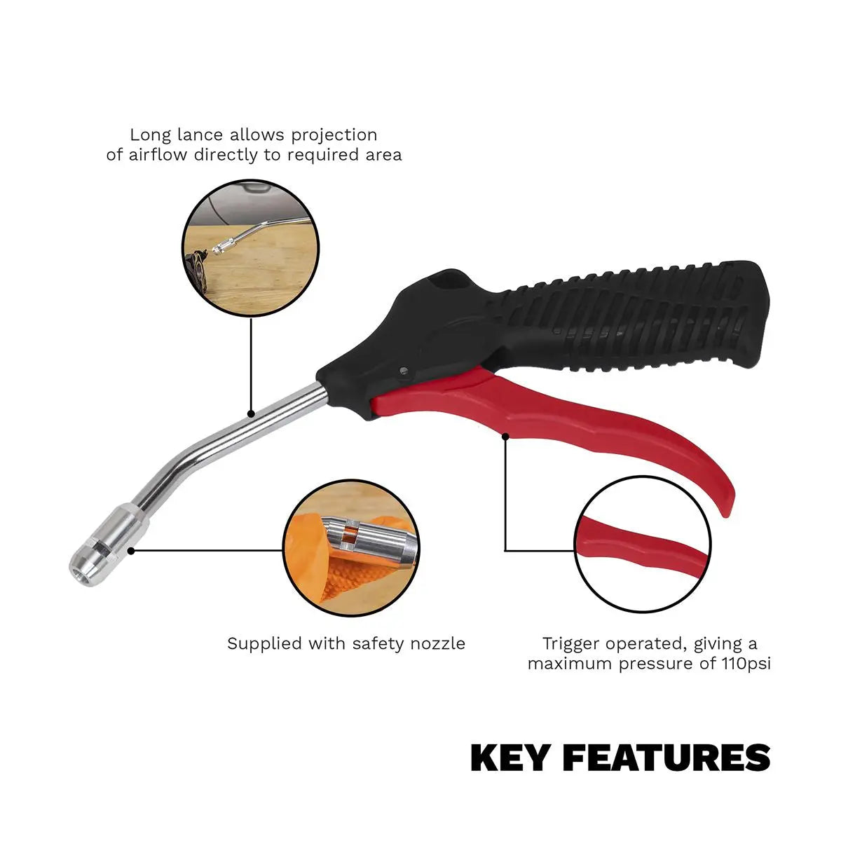 Sealey Air Blow Gun 100mm with 1/4"BSP Air Inlet & Safety Nozzle 