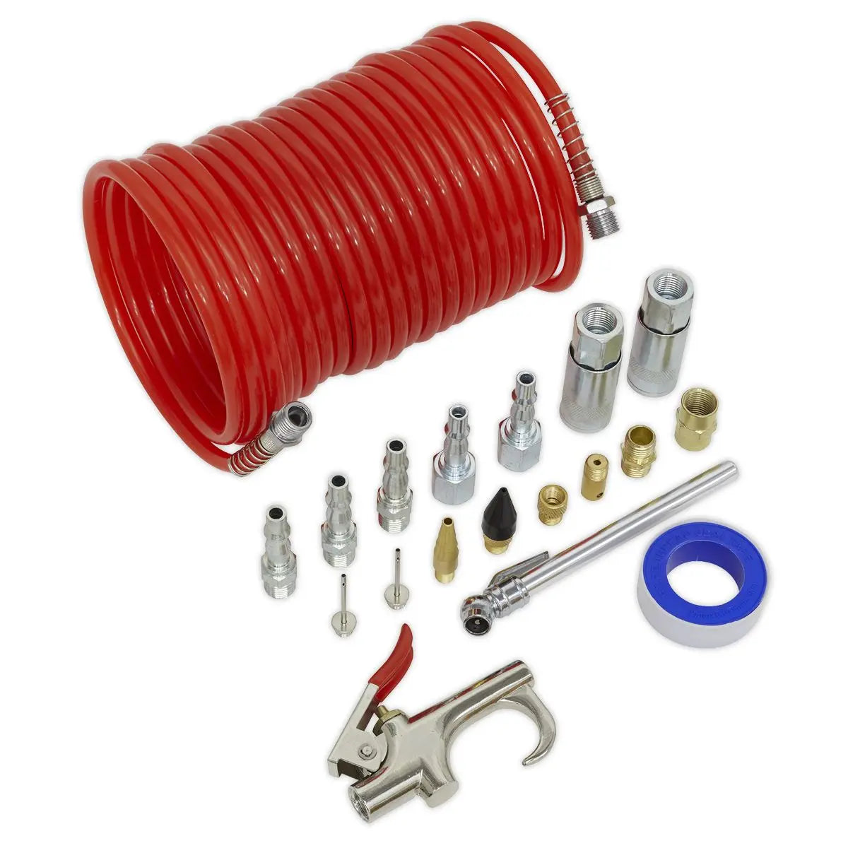 Sealey Air Blow Gun Kit 19 Piece Coiled Air Hose Quick Couplers 1/4" BSP 