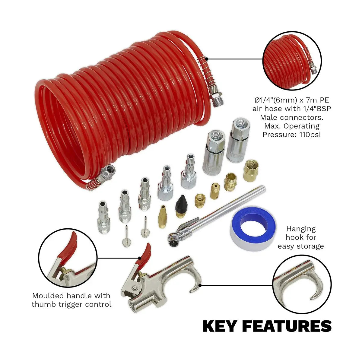 Sealey Air Blow Gun Kit 19 Piece Coiled Air Hose Quick Couplers 1/4" BSP 