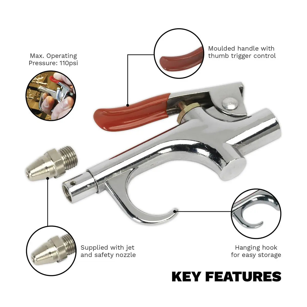 Sealey Air Blow Gun Palm Type with 1/4"BSP Air Inlet & Safety Nozzle 