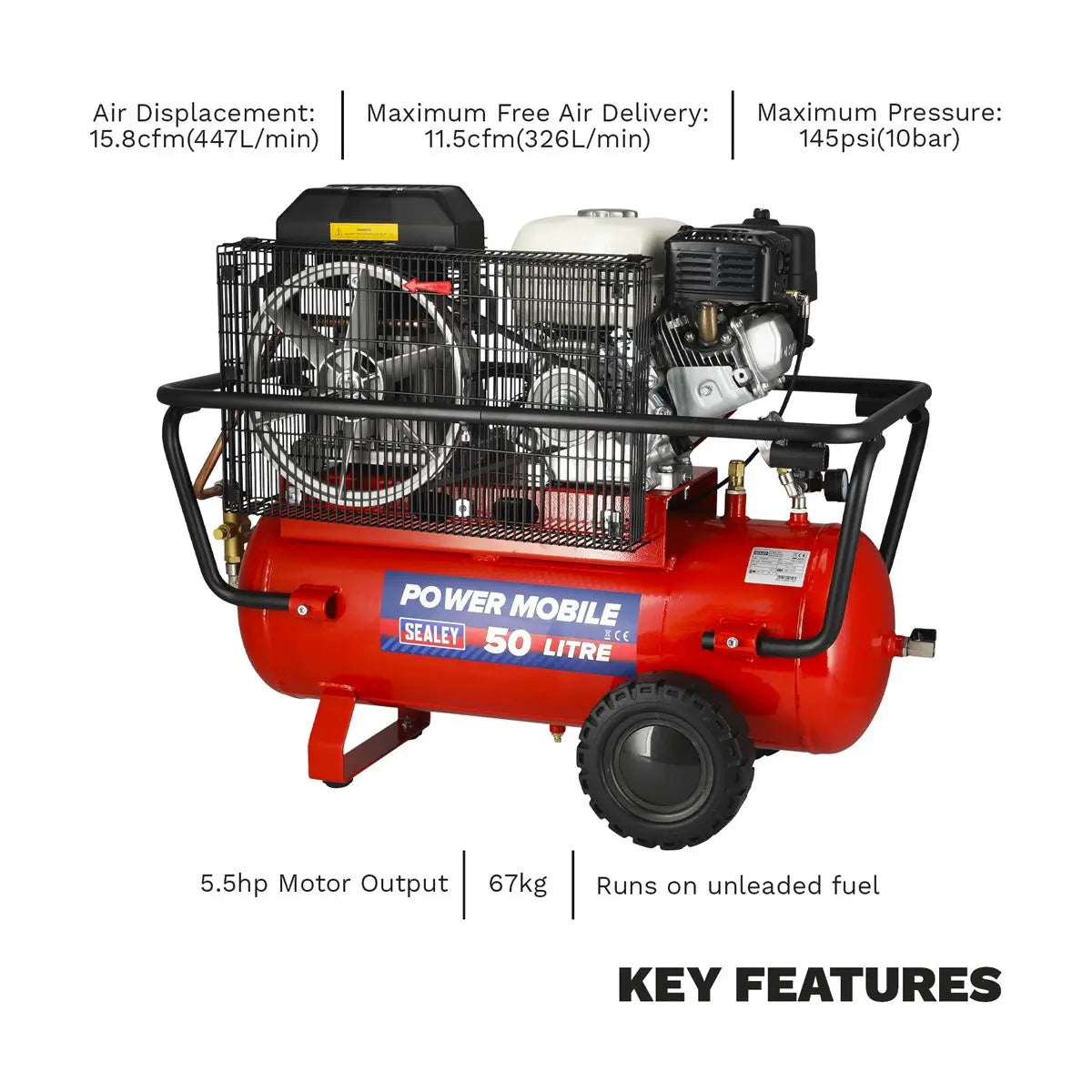 Sealey Air Compressor 50L Belt Drive Petrol Engine 5.5hp 