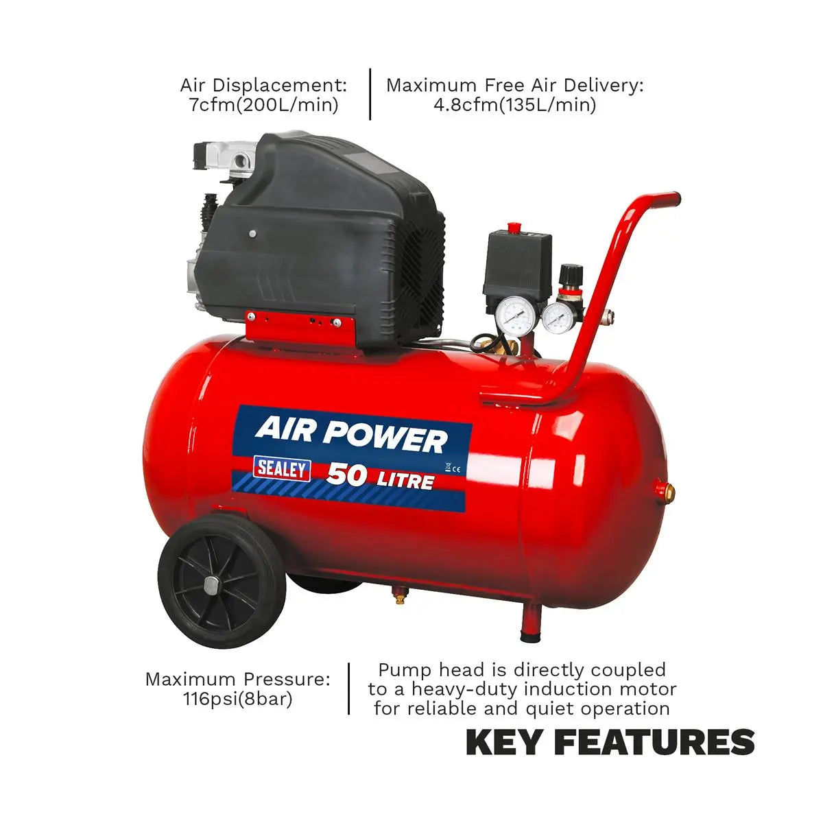Sealey Air Compressor 50L Direct Drive 2hp 