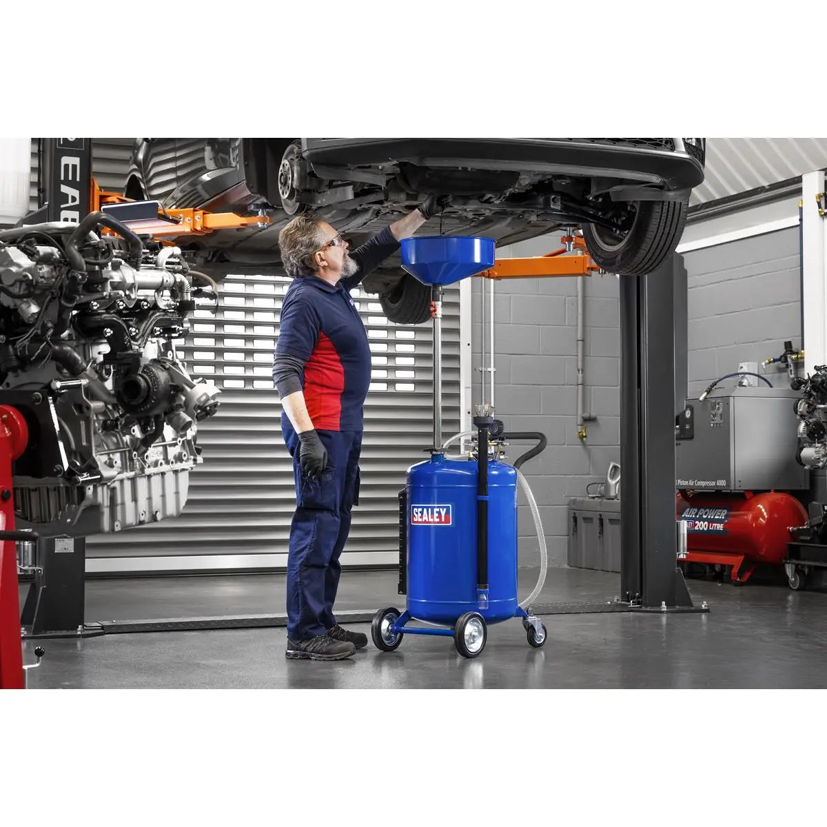Sealey Air Discharge Mobile Oil Drainer with Probes 90L  White Rose Tools