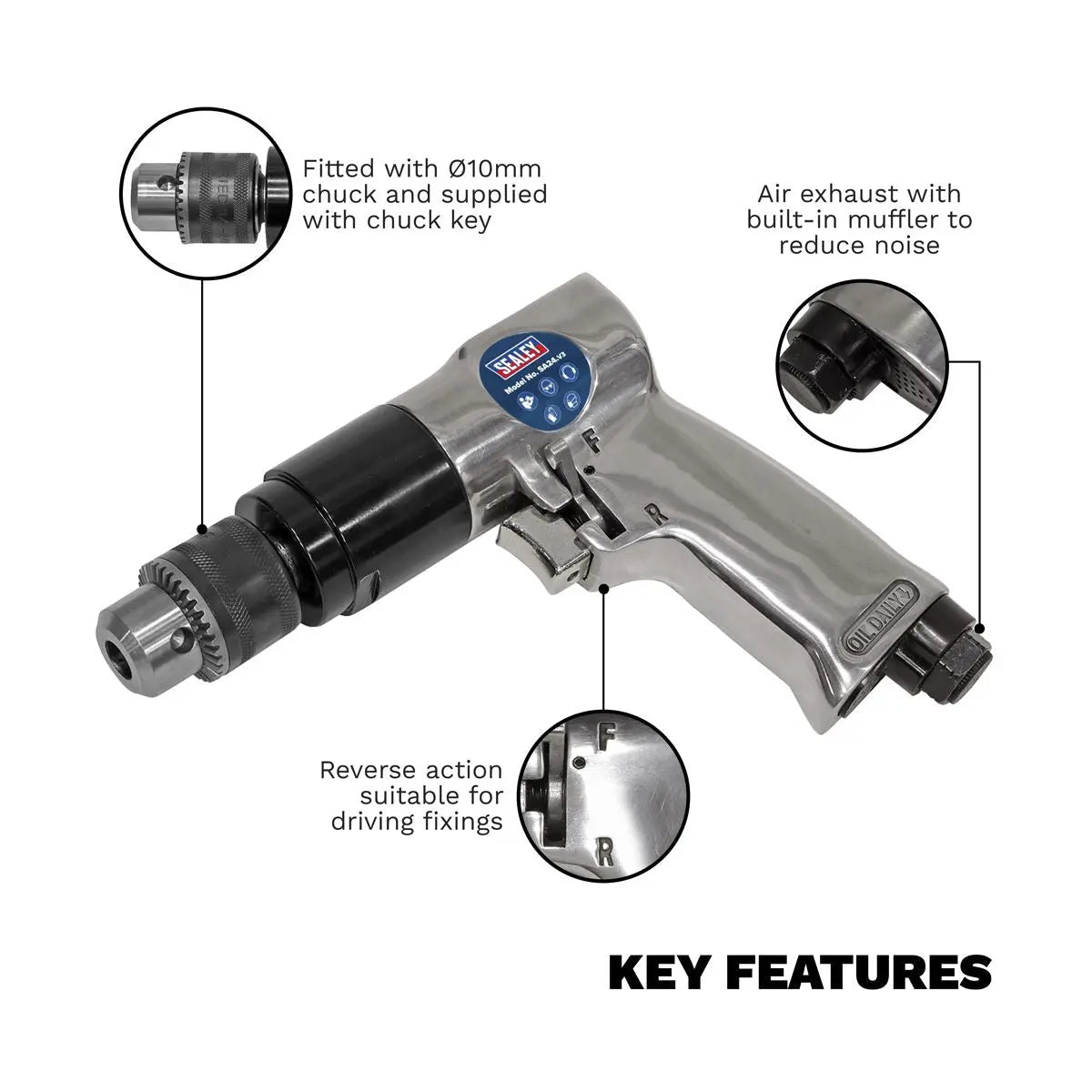 Sealey Air Drill Ø10mm 1800rpm Reversible 