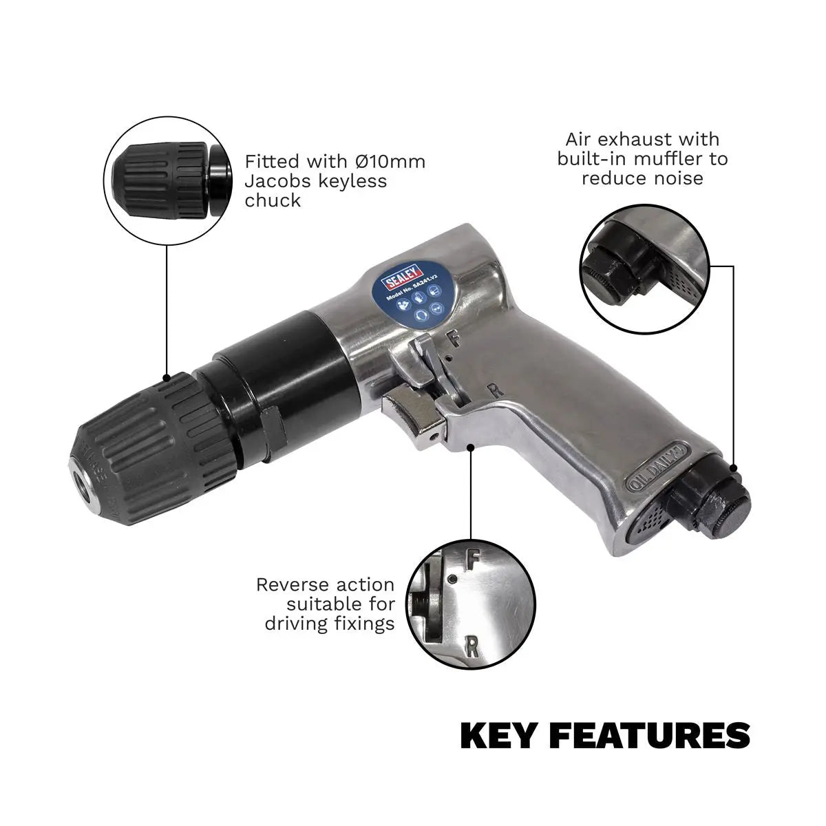 Sealey Air Drill Reversible Keyless Chuck Air Tool Workshop 10mm Driving 