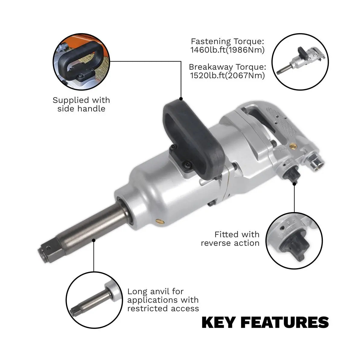 Sealey Air Impact Wrench 1"Sq Drive Straight Long Anvil 