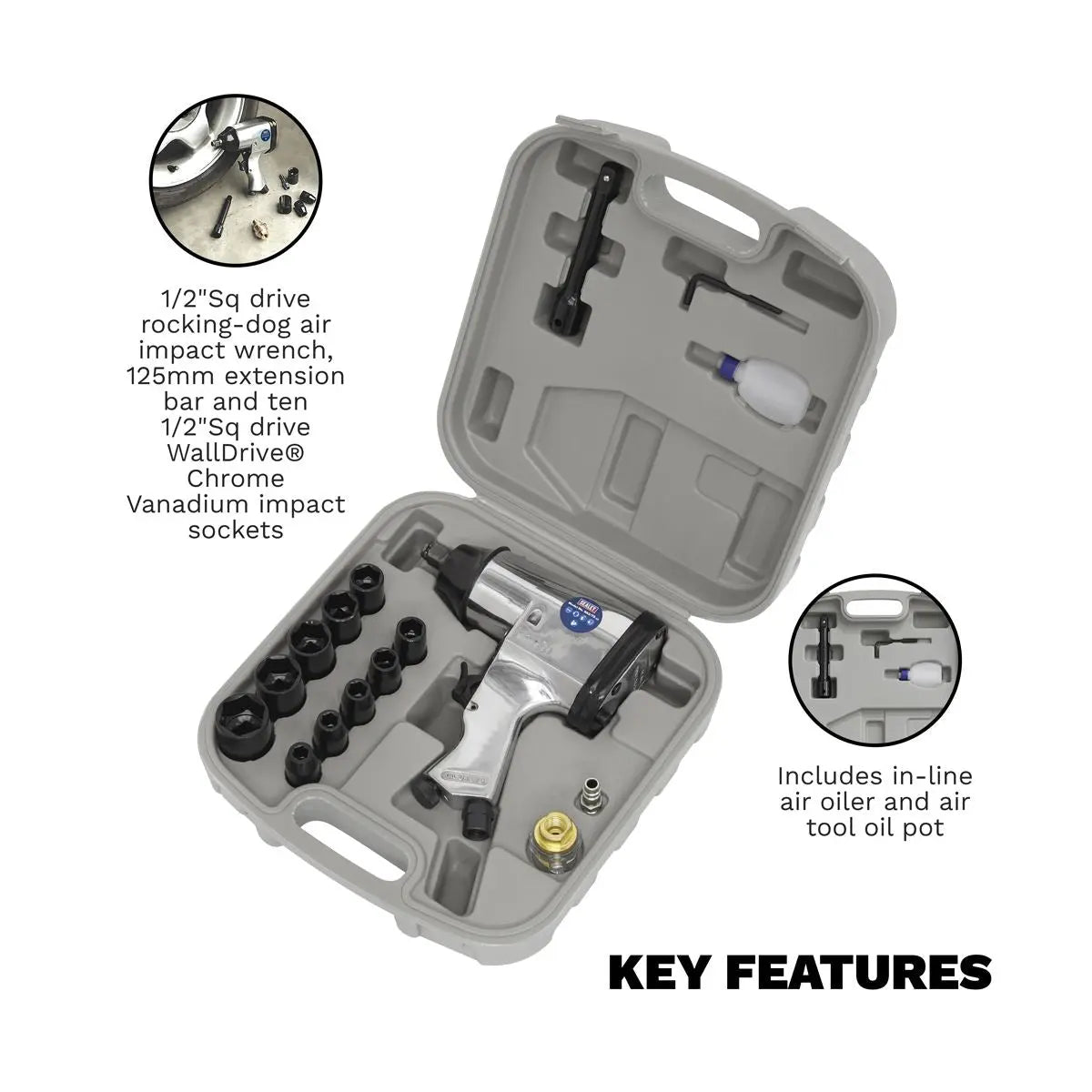 Sealey Air Impact Wrench Kit with Sockets 1/2"Sq Drive 
