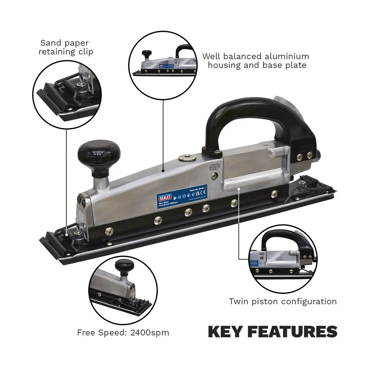 Sealey Air Long Bed Sander 400 x 70mm Twin Piston In-line 