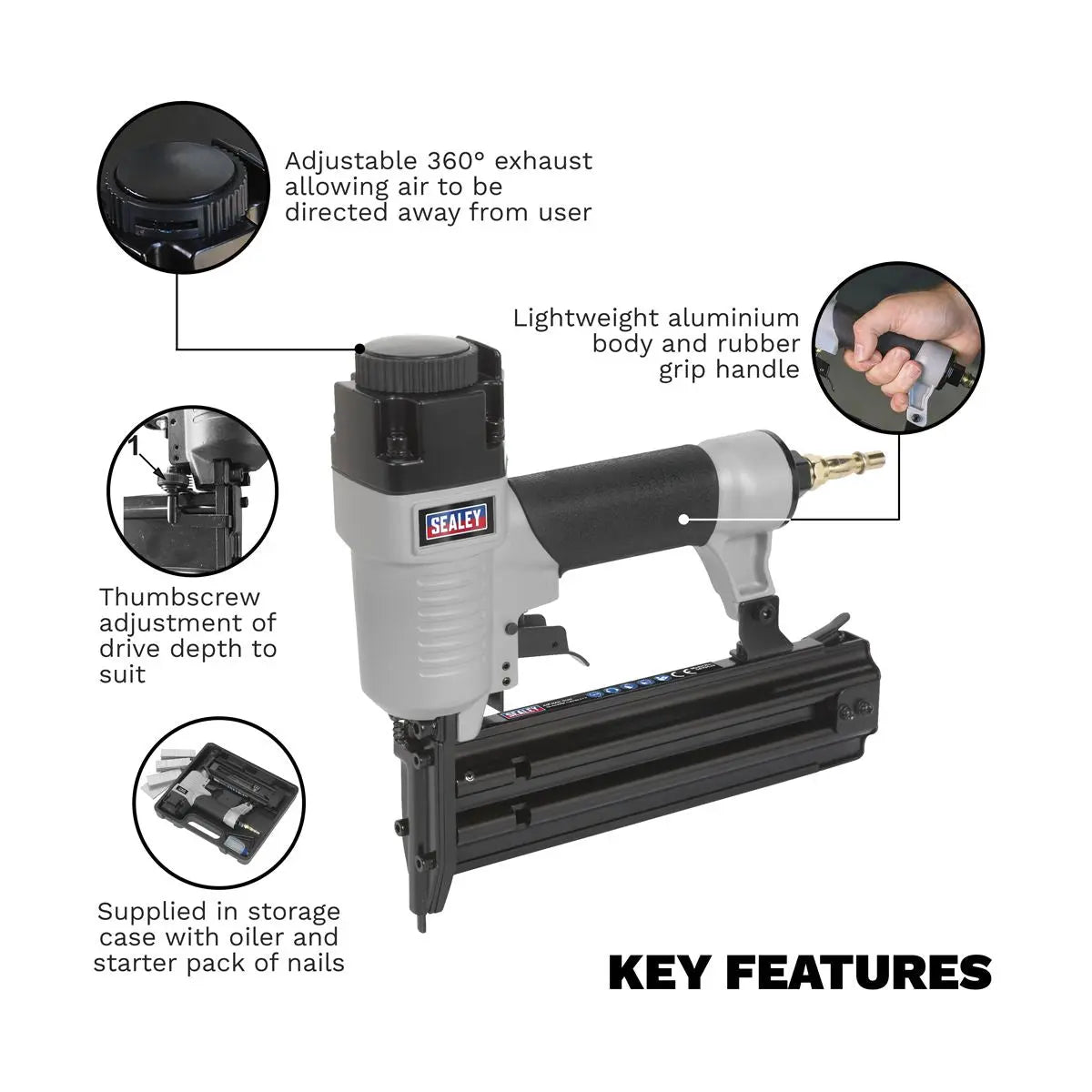 Sealey Air Nail Gun 15-50mm Capacity 1/4" BSP 18 Gauge Brad Nailer 