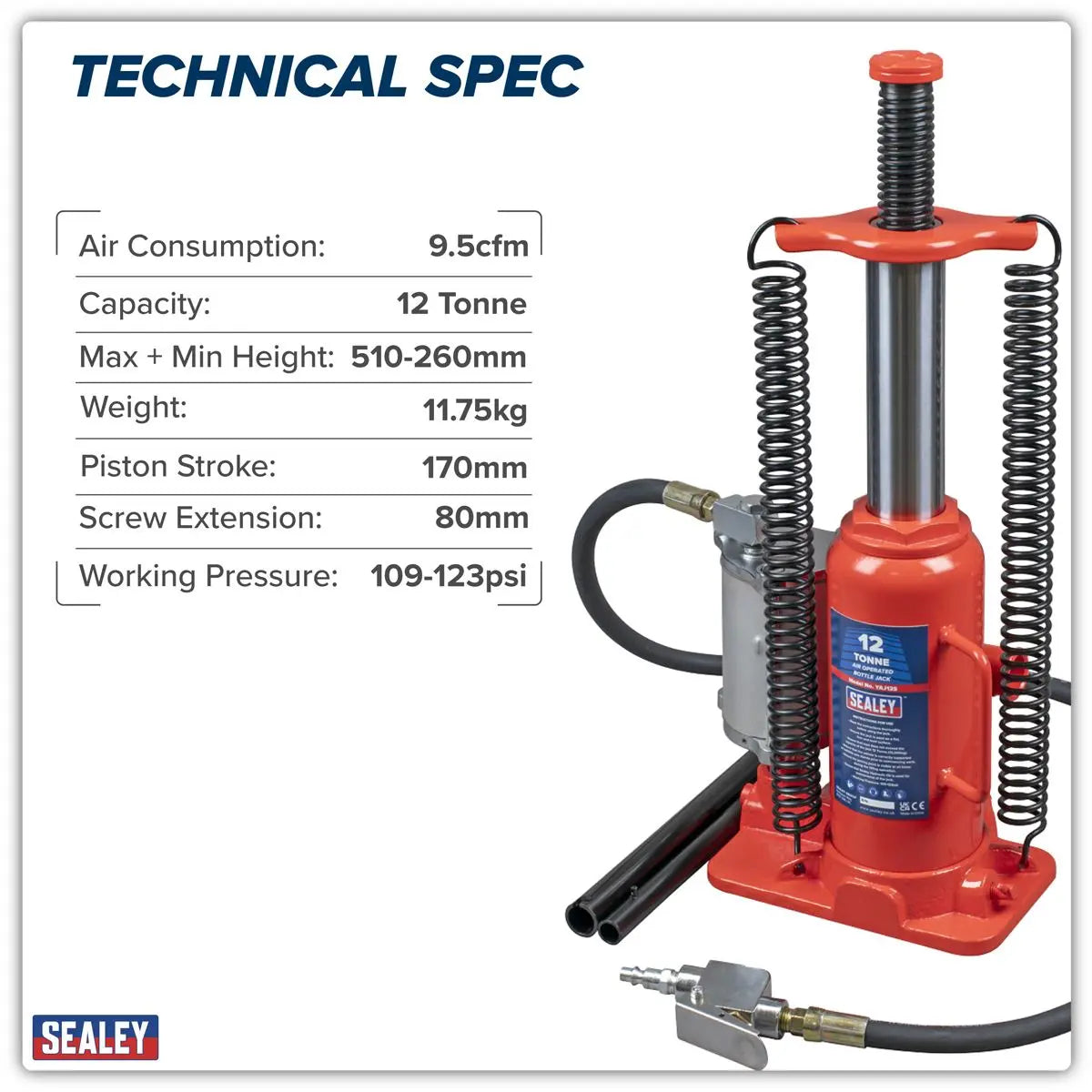 Sealey Air Operated Hydraulic Bottle Jack 12 Tonne  White Rose Tools