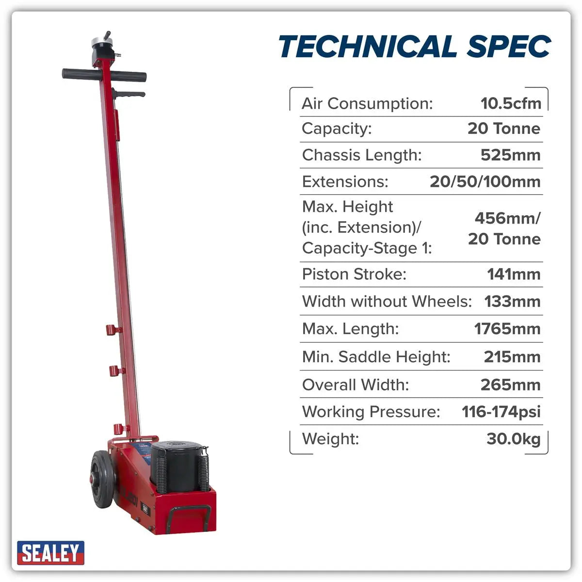 Sealey Air Operated Single Stage Jack 20 Tonne  White Rose Tools