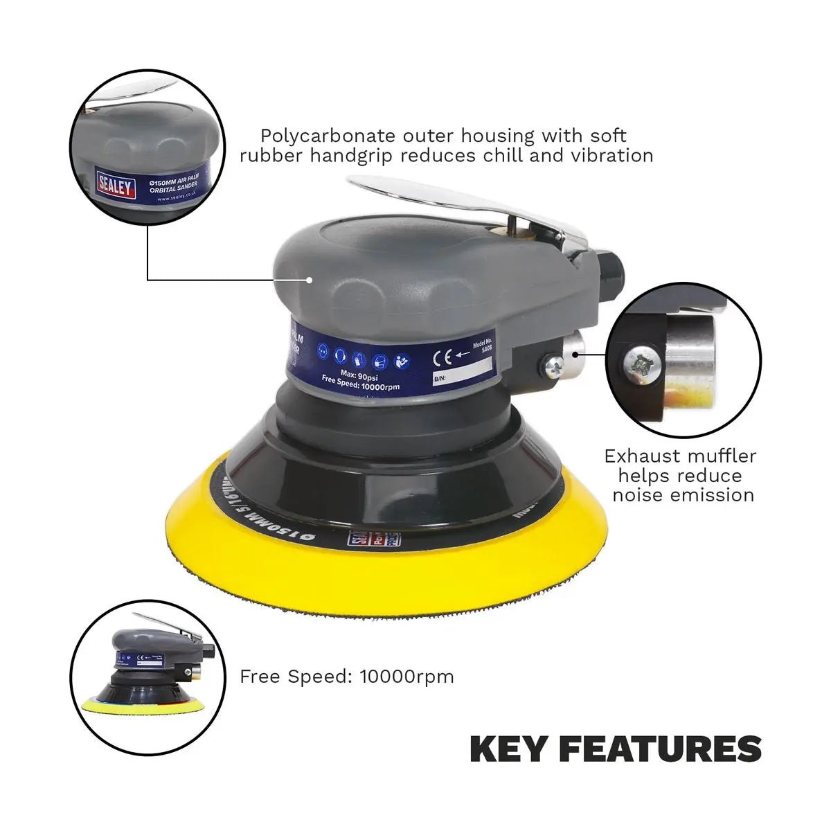 Sealey Air Palm Orbital Sander Ø150mm 