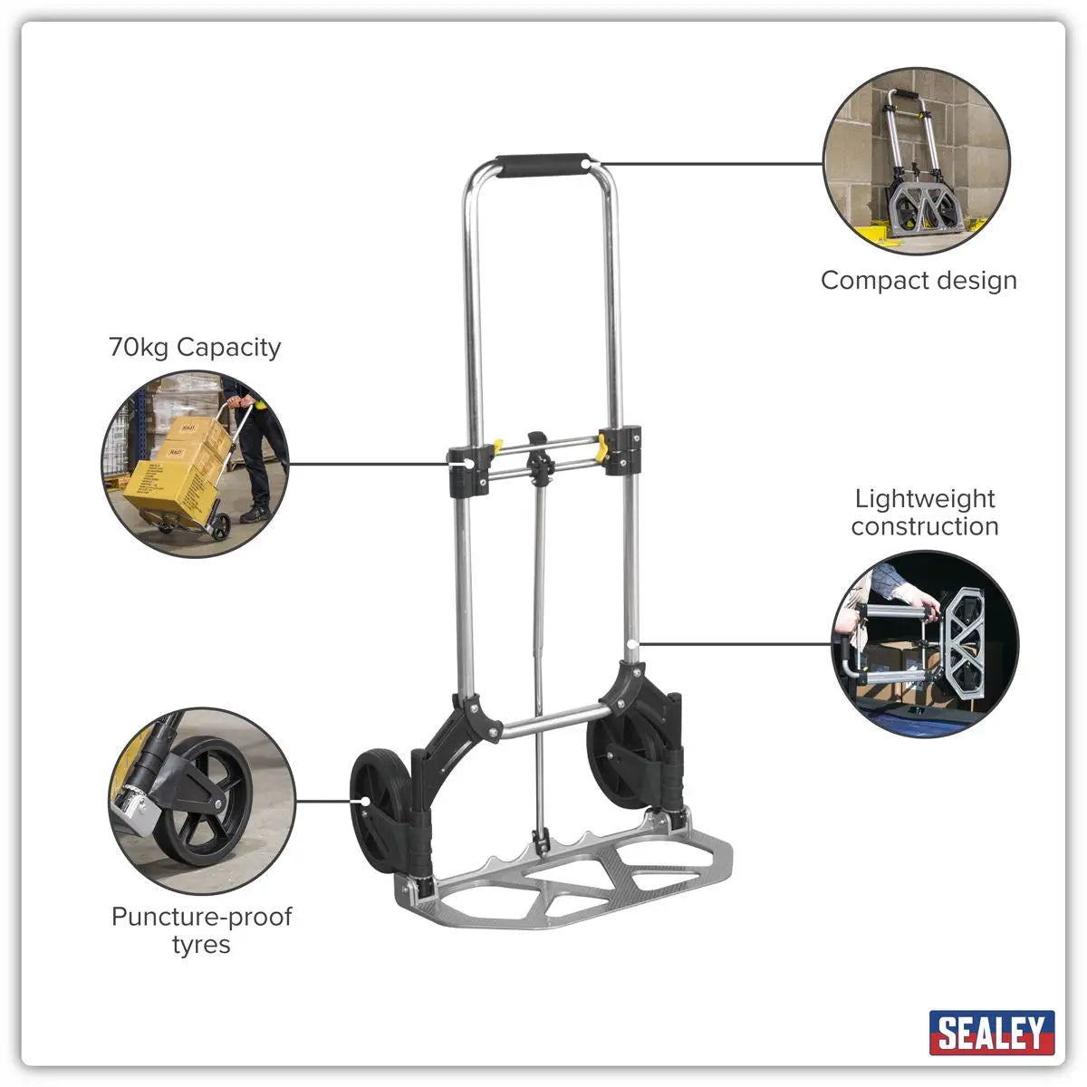 Sealey Aluminium Folding Sack Truck 70kg Capacity - White Rose Tools