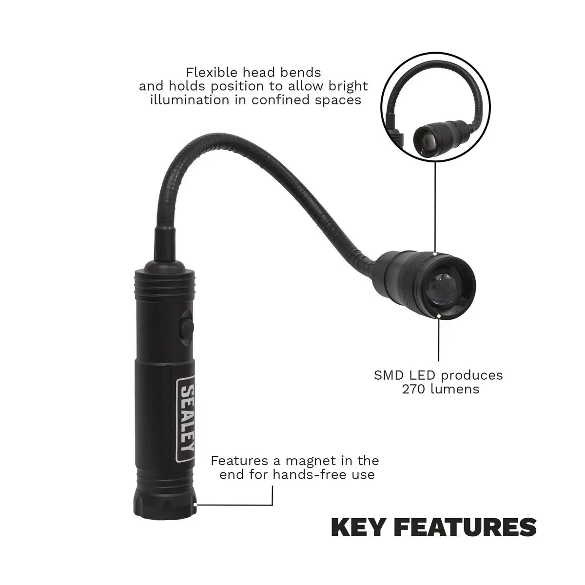 Sealey Aluminium Magnetic Flexi-Head Light 270lm SMD LED 