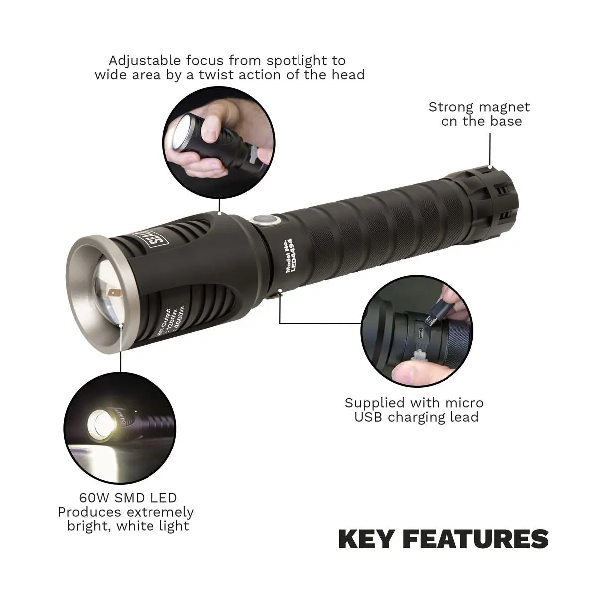Sealey Aluminium Torch 60W COB LED Adjustable Focus Rechargeable 4000 Lumens 