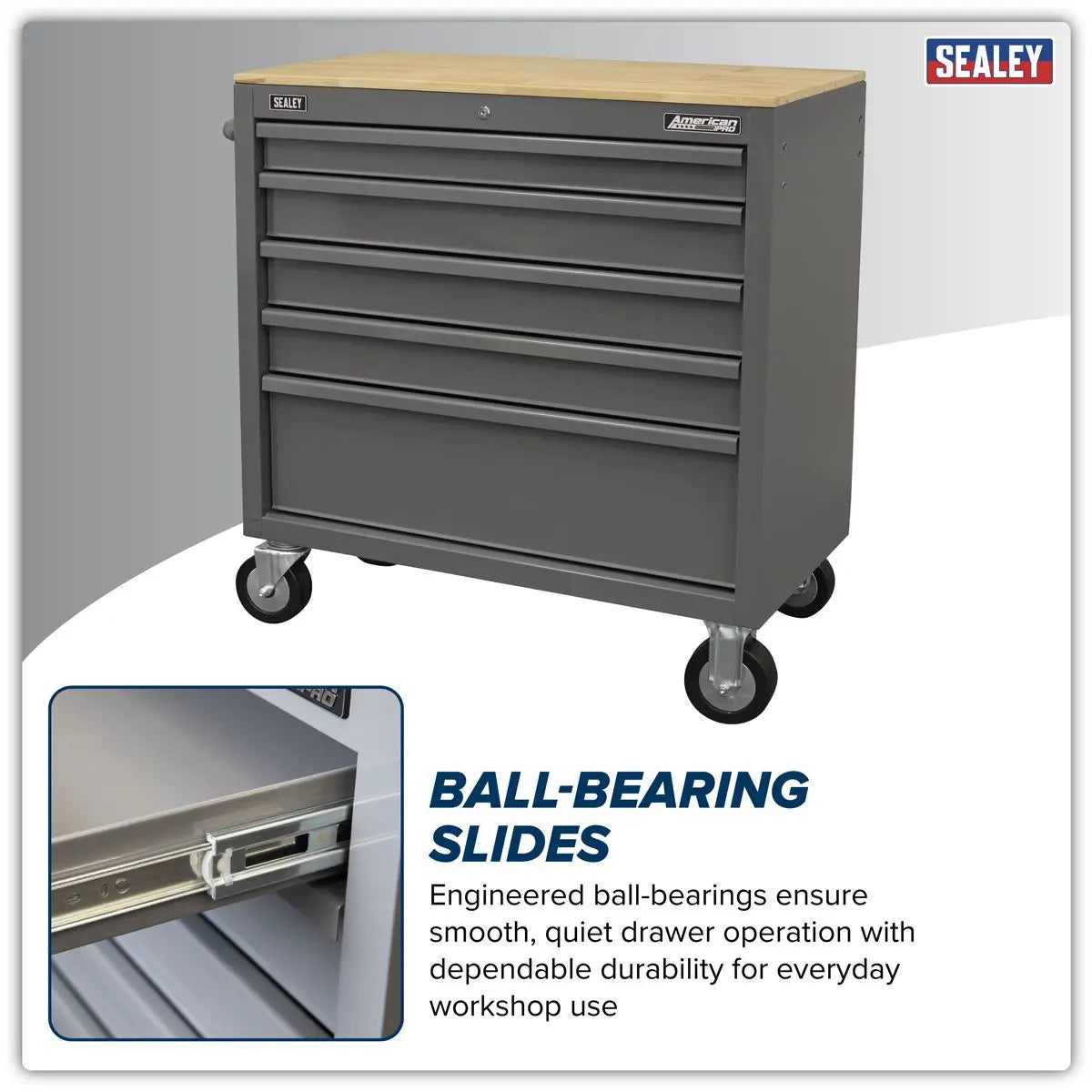 Sealey American PRO® Mobile Workstation with Wooden Worktop 5 Drawer - Grey  White Rose Tools