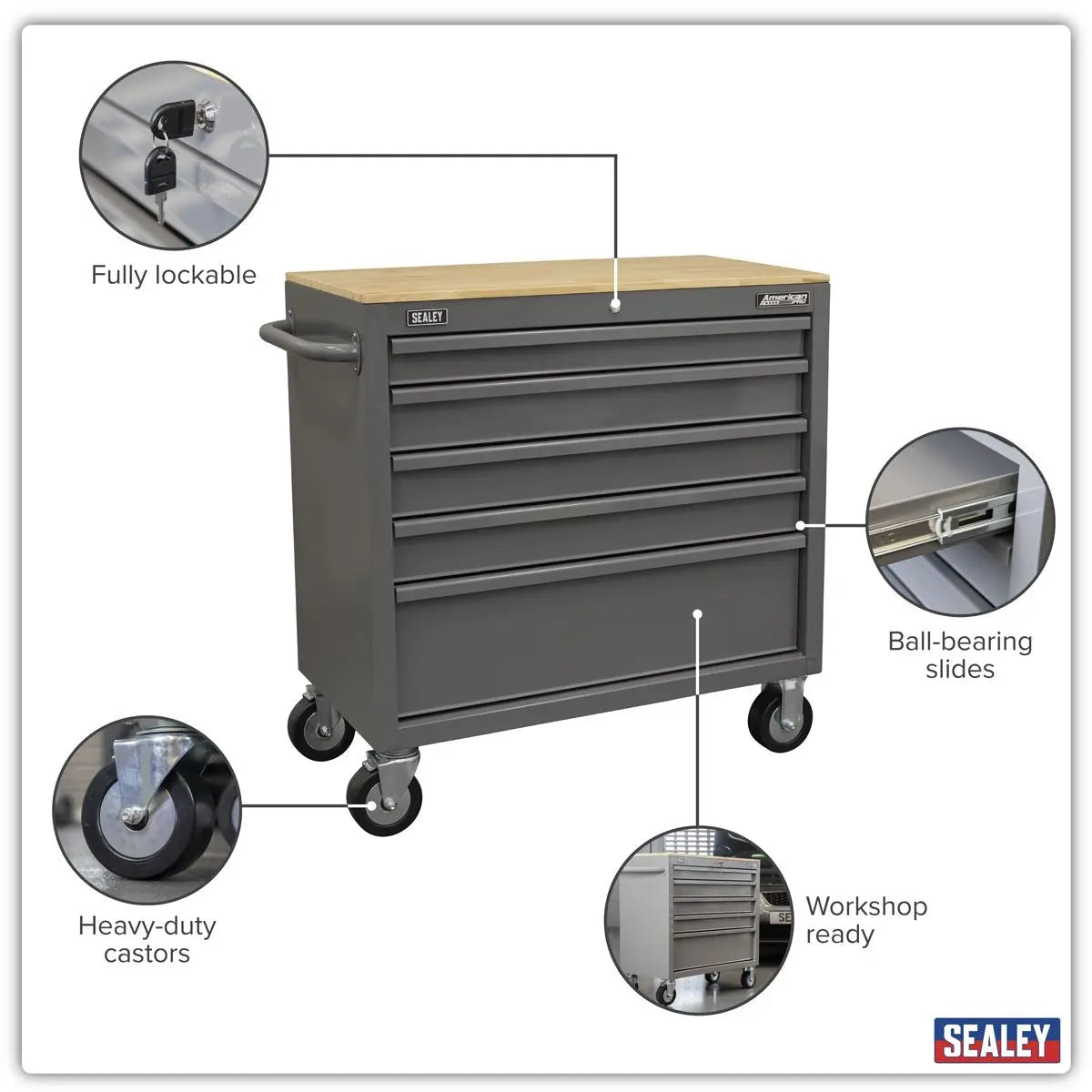 Sealey American PRO® Mobile Workstation with Wooden Worktop 5 Drawer - Grey  White Rose Tools