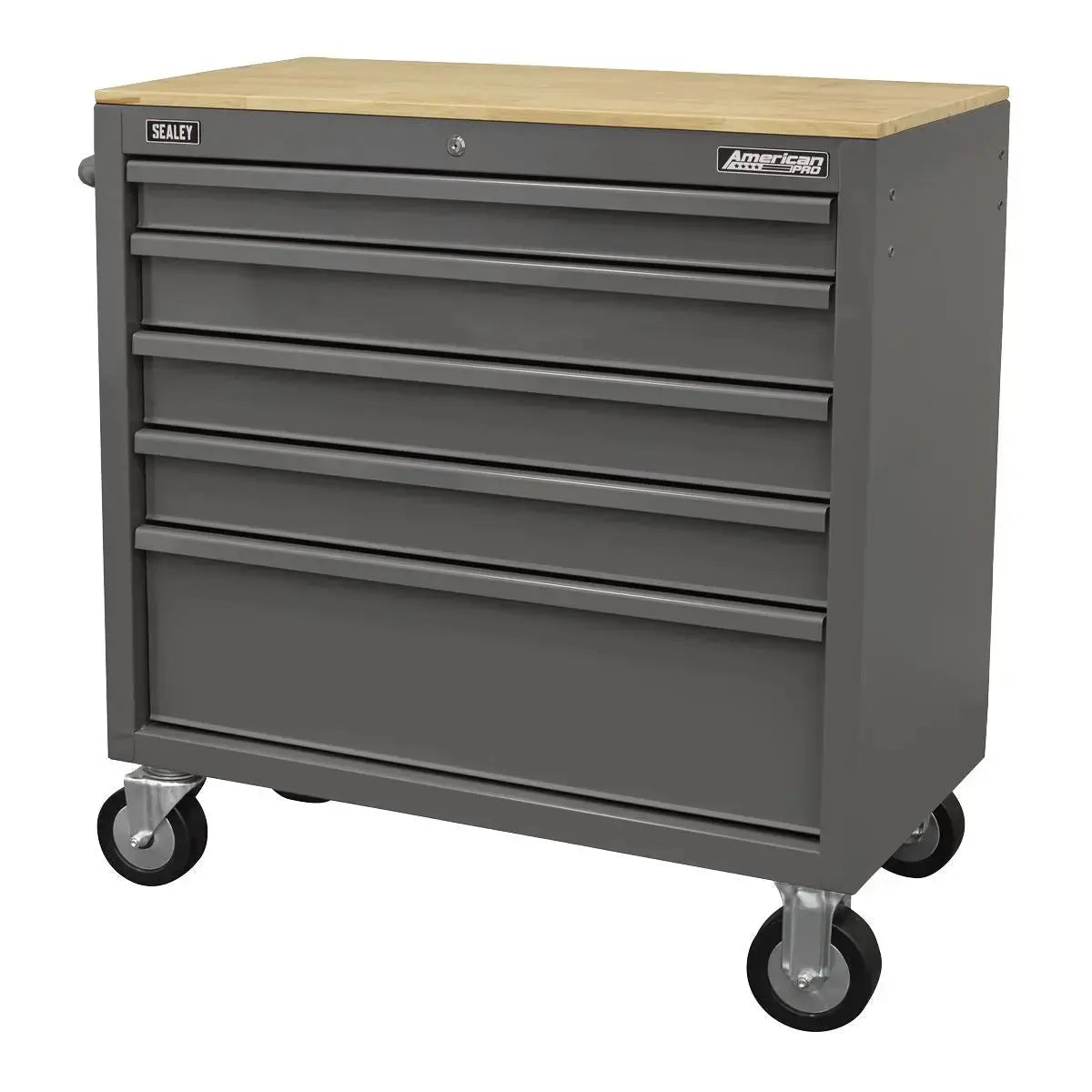 Sealey American PRO® Mobile Workstation with Wooden Worktop 5 Drawer - Grey  White Rose Tools