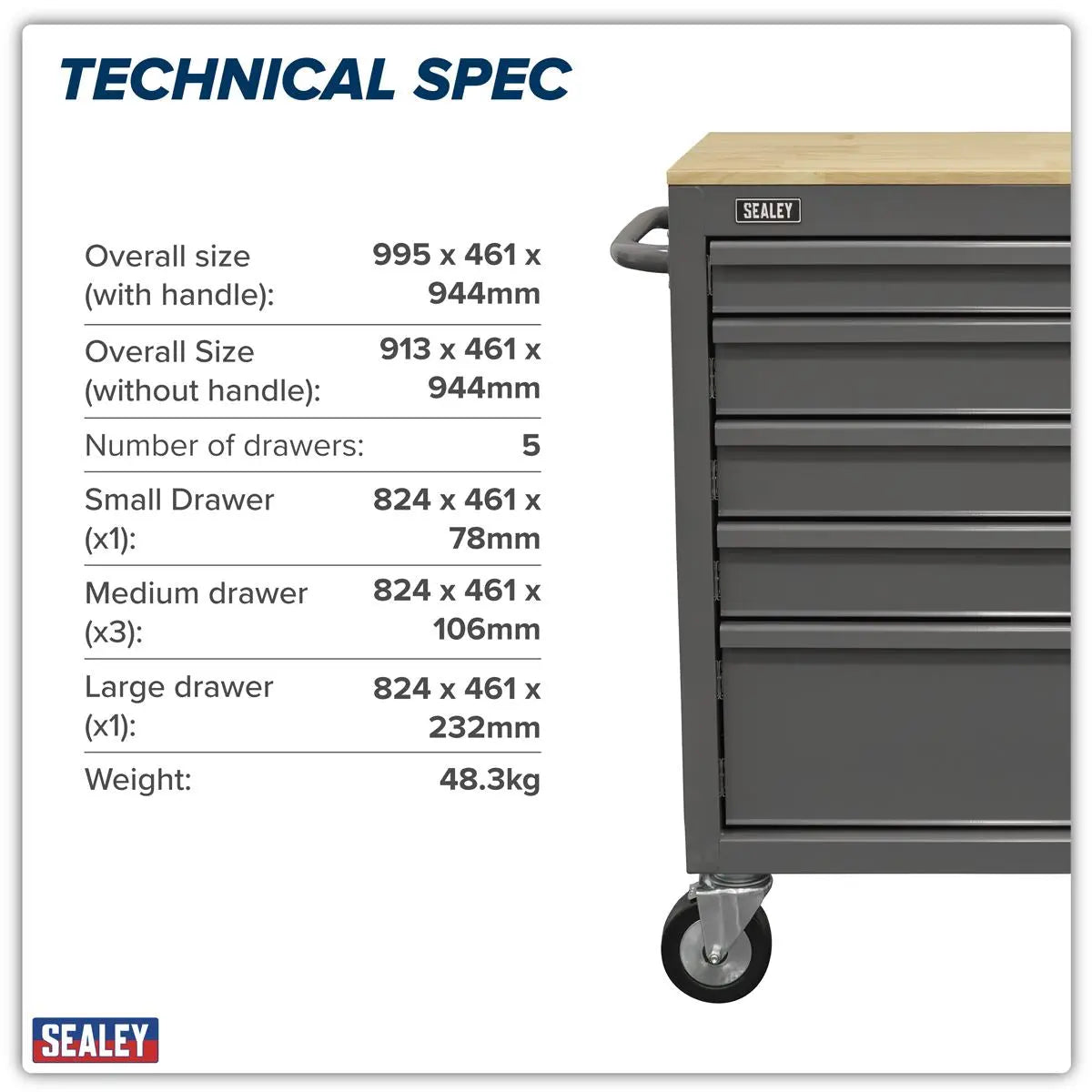 Sealey American PRO® Mobile Workstation with Wooden Worktop 5 Drawer - Grey  White Rose Tools