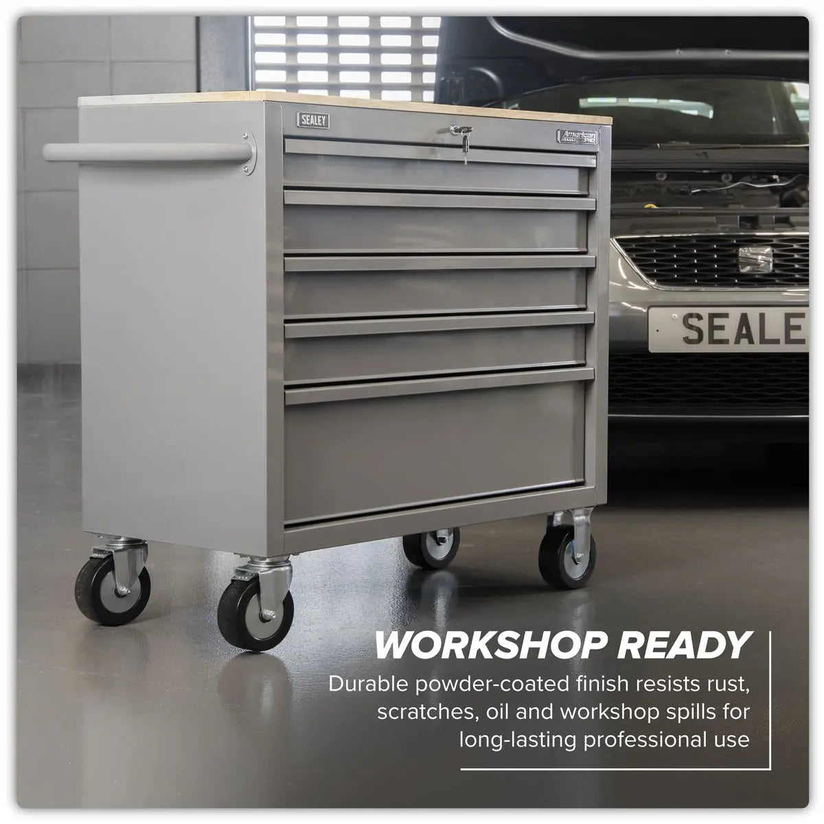Sealey American PRO® Mobile Workstation with Wooden Worktop 5 Drawer - Grey  White Rose Tools