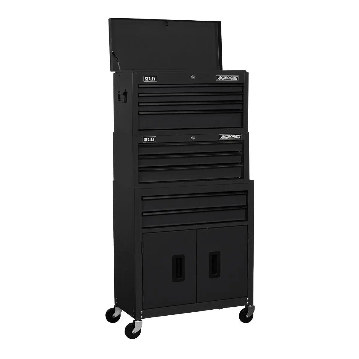 Sealey American PRO® Topchest, Mid-Box Tool Chest & Rollcab Stack 9 Drawer - Black  White Rose Tools