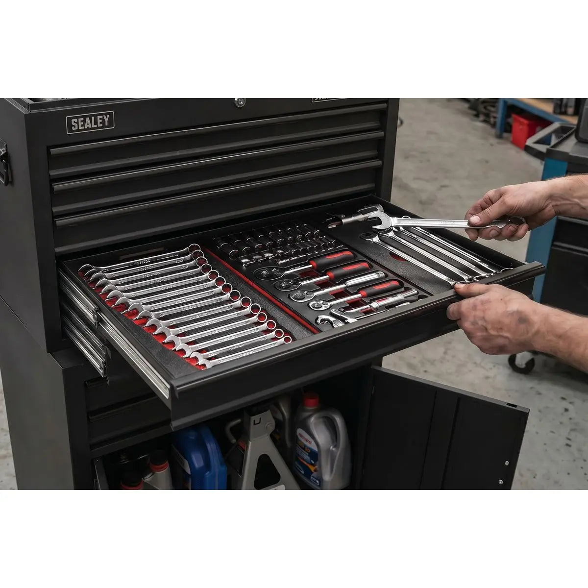Sealey American PRO® Topchest, Mid-Box Tool Chest & Rollcab Stack 9 Drawer - Black  White Rose Tools
