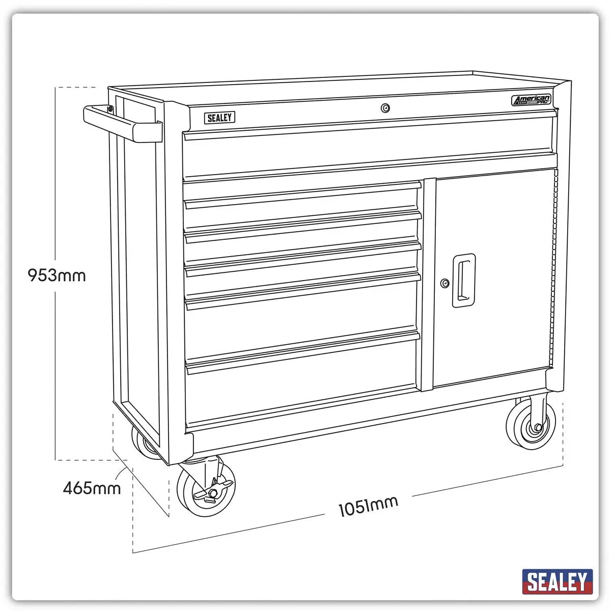 Sealey American Pro Rollcab 6 Drawer with Ball Bearing Slides - Black  White Rose Tools