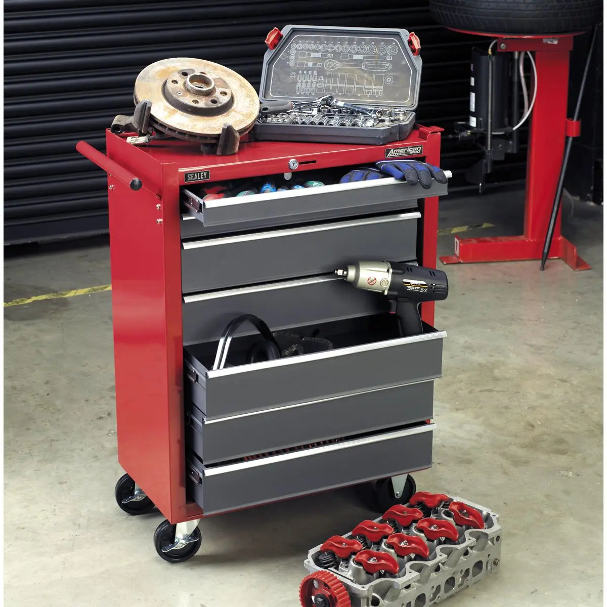 Sealey American Pro Rollcab 7 Drawer with Ball-Bearing Slides - Red/Grey  White Rose Tools